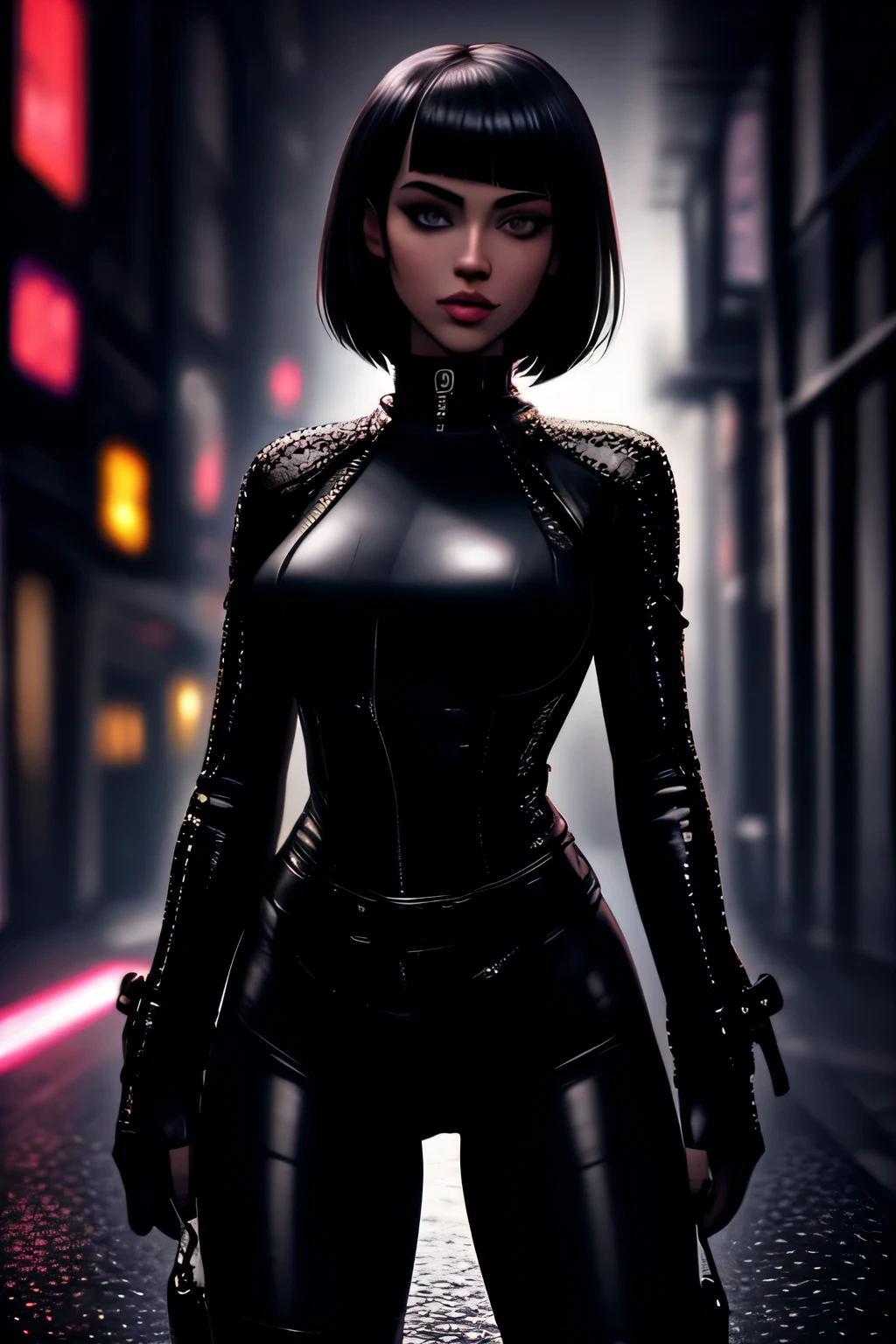 (best quality,ultra-detailed,realistic:1.37),portrait,beautiful detailed eyes,beautiful detailed lips,intense gaze,stern expression,dark atmosphere,metallic texture,shiny armor,reflective surfaces,bobcut hairstyle,futuristic fashion,leather jacket,black clothing,urban setting,city street scene,night time,neon lights,grimy alleyways,motorcycle,assassin,deadly weapon,confident stance. cameltow