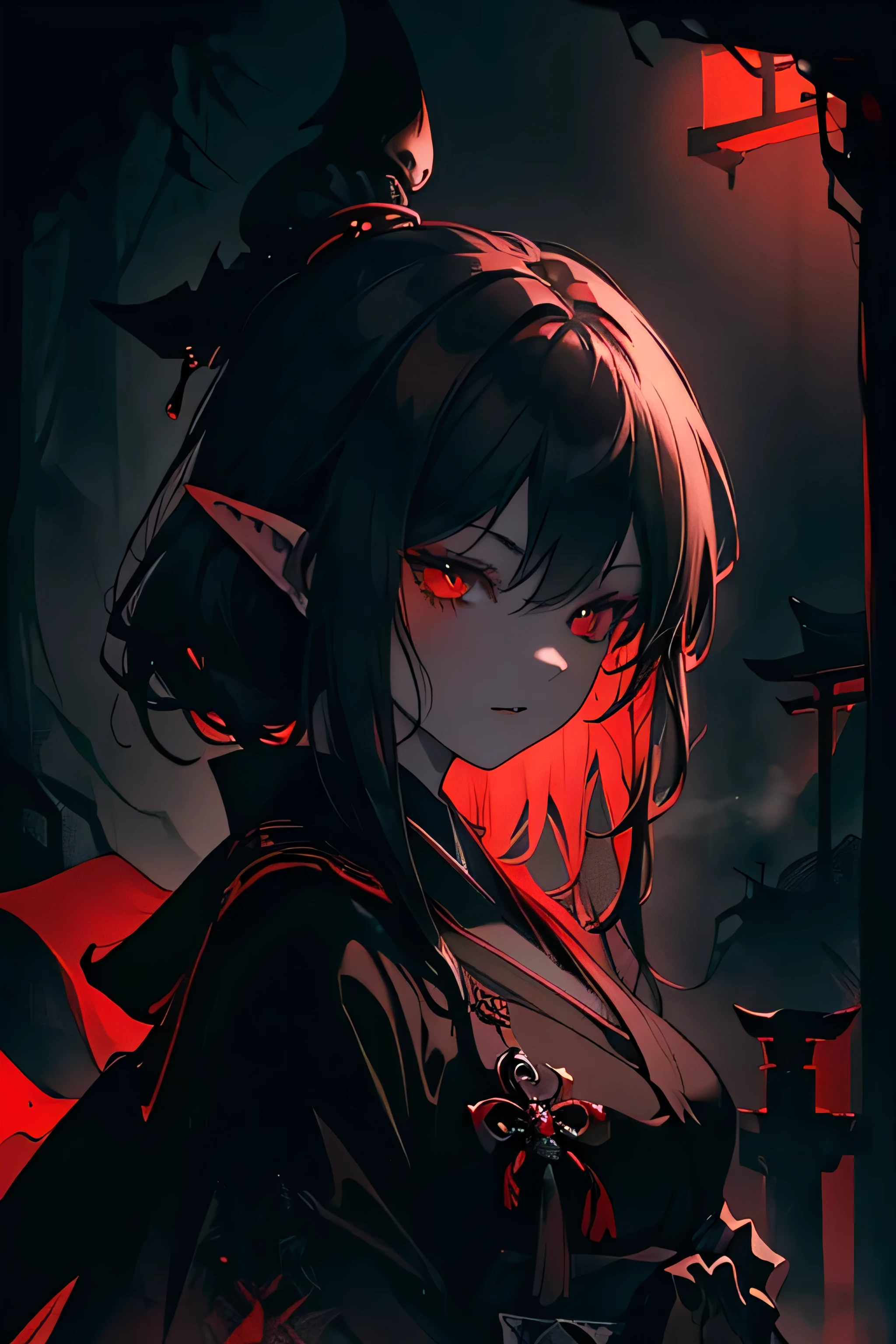 (dark fantasy:1.3), (black and red theme:1.3), (dark theme:1.3), (in the dark:1.3), (1dark elf:1.3), solo, portrait of extremely pretty and cool beauty female dark elf, wearing a dark gothic dress, in front of Japanese Temple Torii, Torii, ruined temple, dark forest, magic, fantasy, fog, smog, steam, light veil, front view,