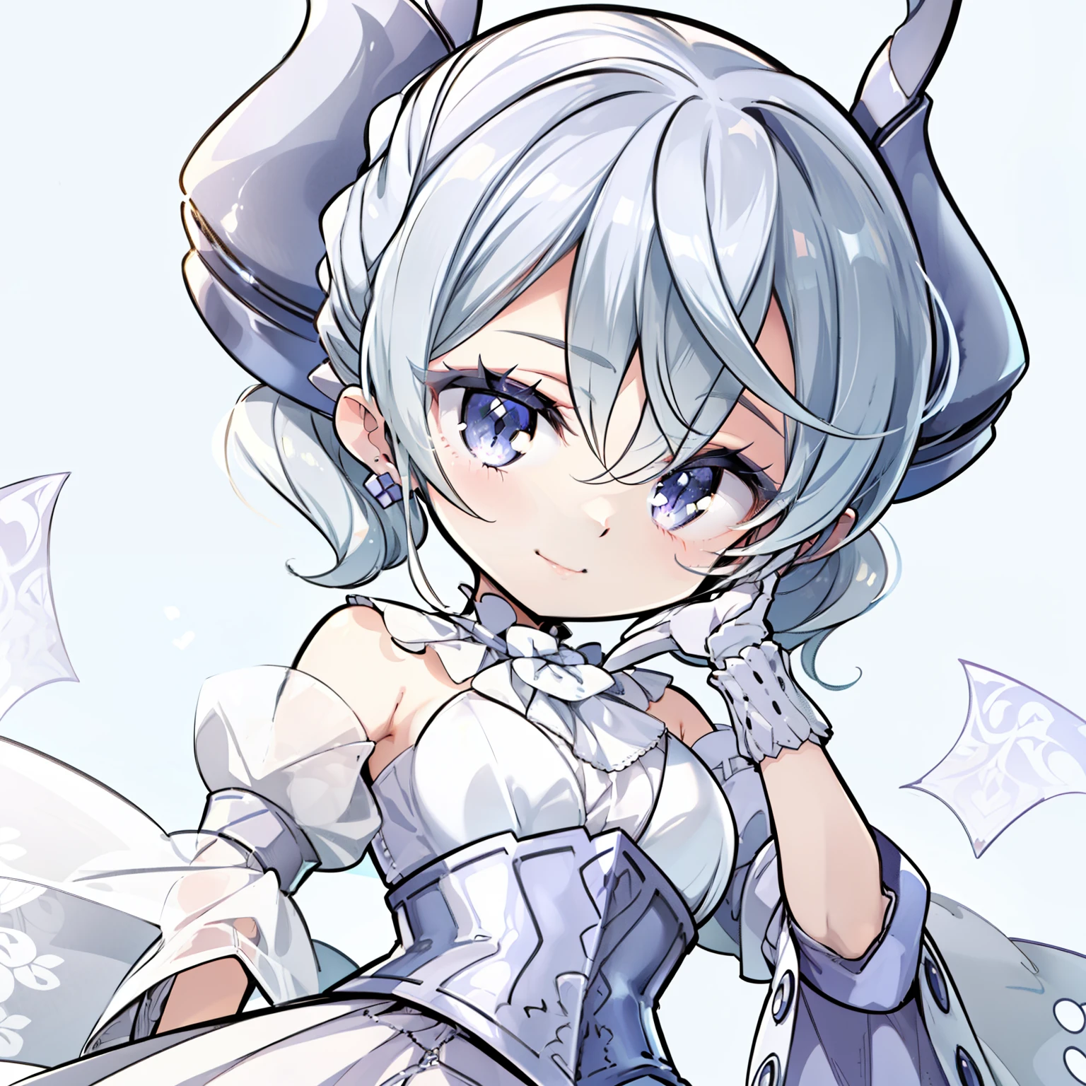 Silver short hair, Silver Horn,  White Dress, White Cape, Puffed sleeves, White gloves, silver corset, 


(Chibi Character)、
smile、


Simple Background、

Written boundary depth、
((Best Quality, High resolution, Pixel perfect, 4K)), (1 girl), (Beautiful Anime Girls), Perfect body, 