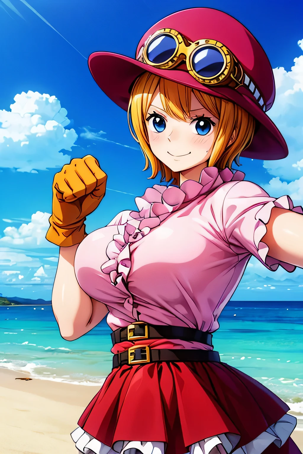 master piece, best quality, 8k, ultra high resolution, highest quality, anime style, best writing, beautiful face, masterpiece、high resolution、Super detailed、koala \(one piece\)、hat、Cabbie hat、Hat and goggles、short hair、blue eyes、big breasts、shirt、Frill shirt、pink shirt、gloves、brown gloves、belt、skirt、Red skirt、Frill skirt、outdoor, deserted island, There are a few private houses、(upper body:1.3)、best smile、blush, (fighting pose:1.3)