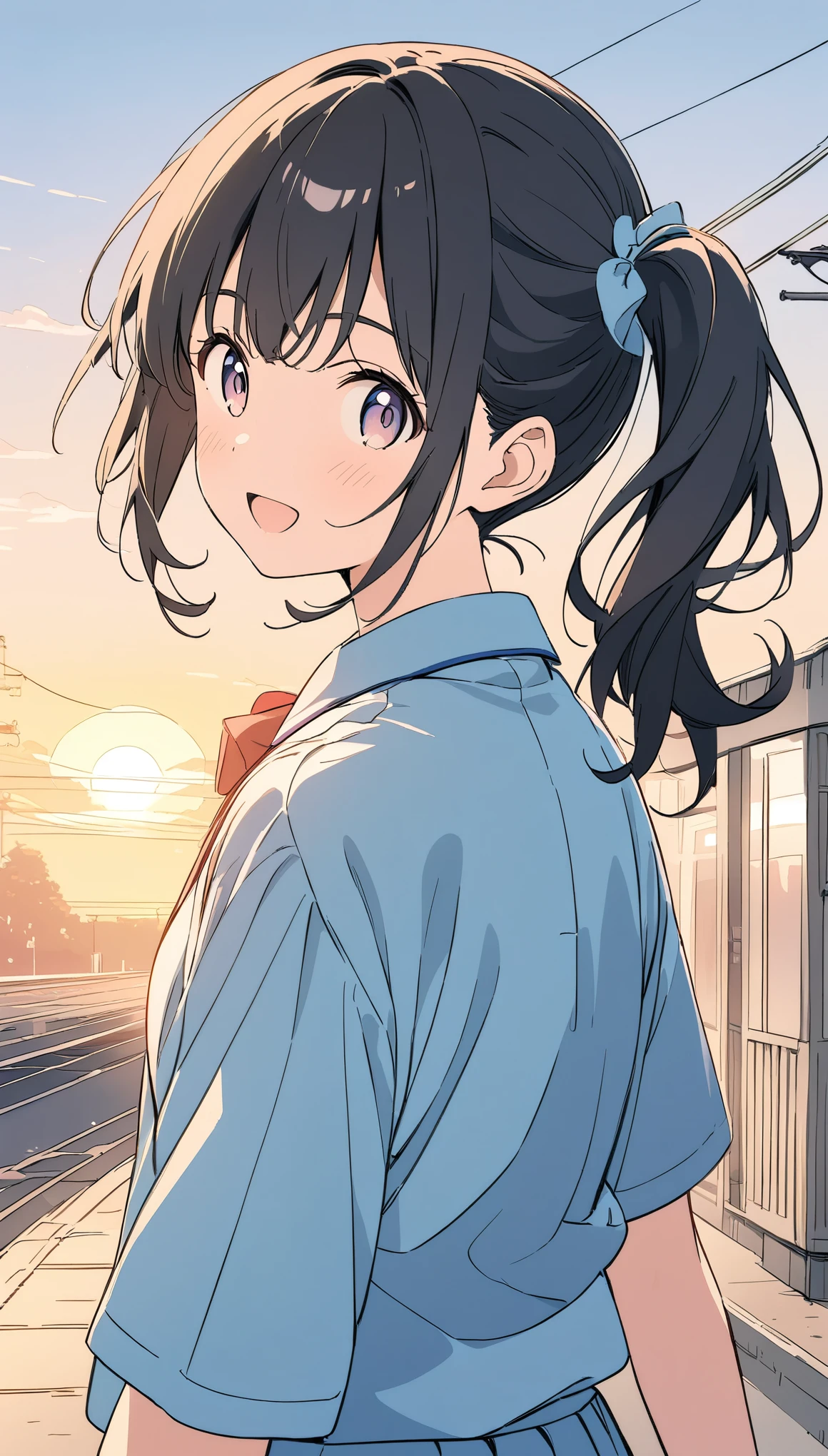 anime,Light line drawing、Pale colors、line art,High resolution、In great detail、side ponytail,Black Hair,Student Uniform,Sunset Bank,Scenery on the way home from school,Girl looking back,Surprised face