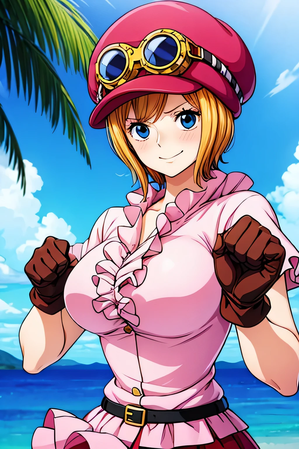 master piece, best quality, 8k, ultra high resolution, highest quality, anime style, best writing, beautiful face, masterpiece、high resolution、Super detailed、koala \(one piece\)、hat、Cabbie hat、Hat and goggles、short hair、blue eyes、big breasts、shirt、Frill shirt、pink shirt、gloves、brown gloves、belt、skirt、Red skirt、Frill skirt、outdoor, deserted island, There are a few private houses、(upper body:1.3)、best smile、blush, (fighting pose:1.3)