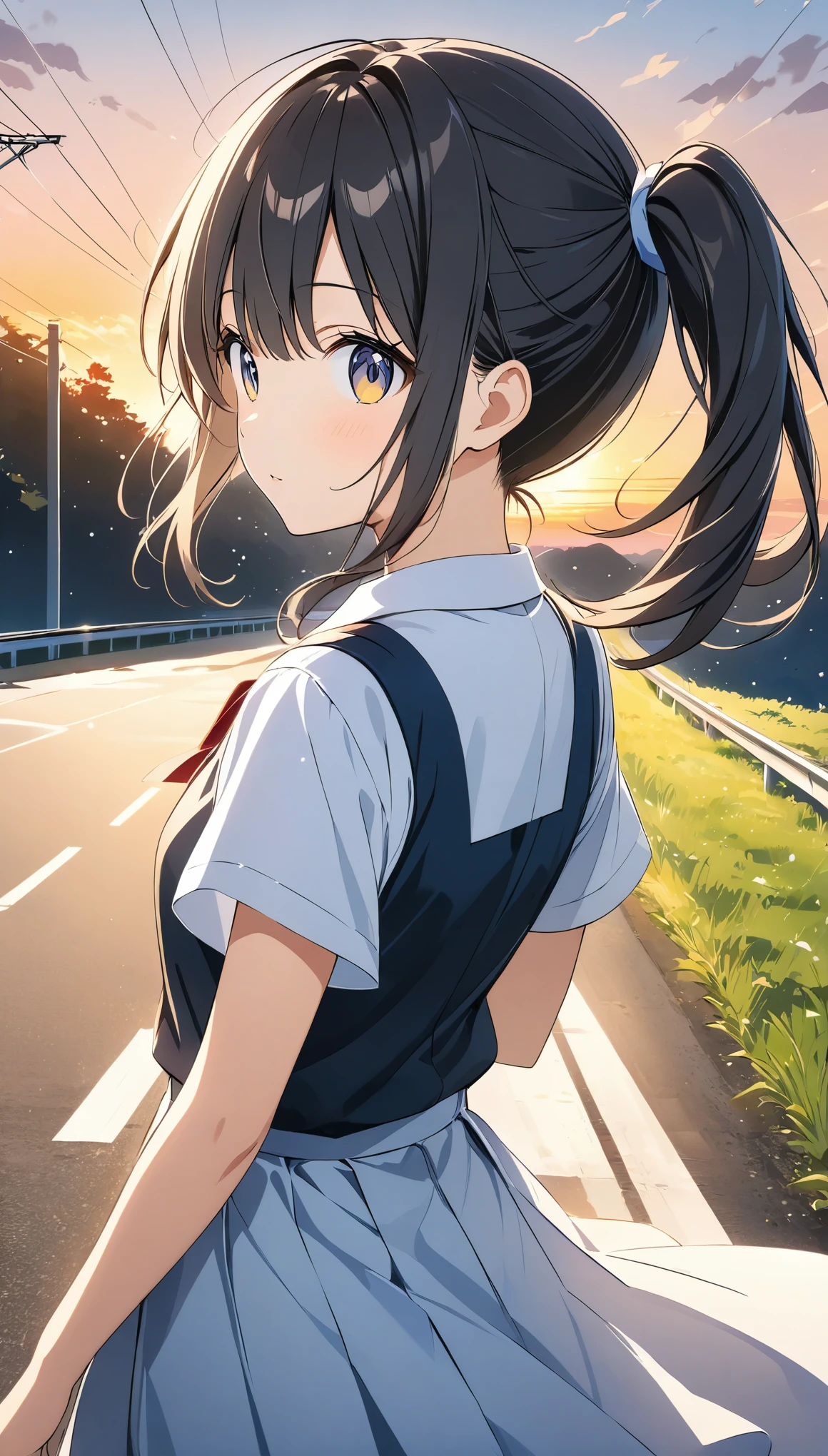 anime,Vector art,(masterpiece:1.2),(Very absurd:1.2),Soft light effect,A fluffy drawing,side ponytail,Black Hair,Student Uniform,Sunset Road,Scenery on the way home from school,Girl looking back