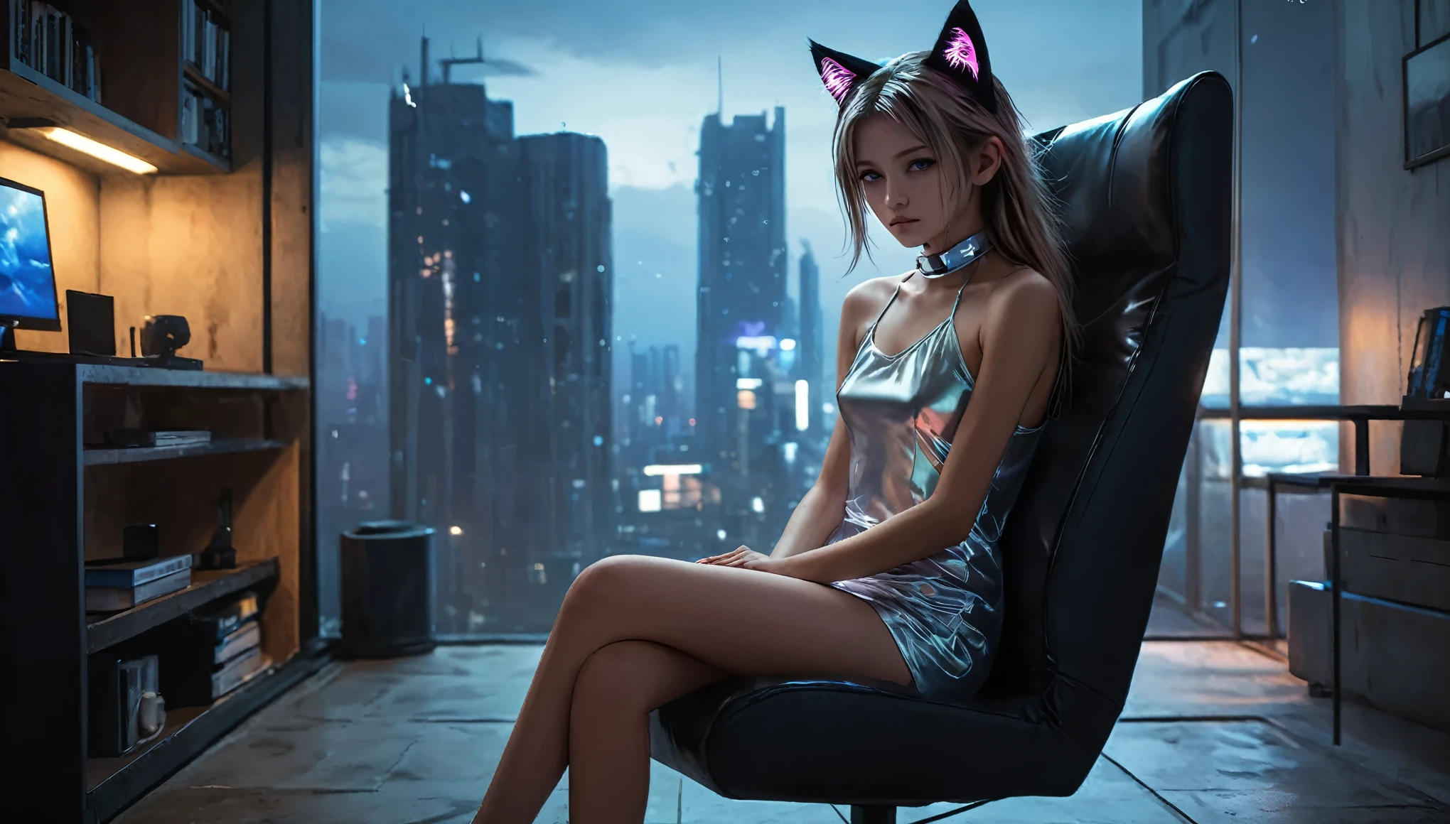 8k, super detail, best quality, UHD, textured skin, ((((barely legal girl, with cat ears and choker, in a shiny silky shirt with revealing and plunging cleavage)))), ((small perky breasts, beautiful detailed eyes, beautiful detailed lips, small closed mouth, extremely detailed face, pale skin, random long hairstyle, small hips, in a cyberpunk apartment sitting on a chair, fear on the face)), moody atmosphere, dramatic and random colors, futuristic setting, intricate details, night, backlight, full body shot, view from a distance, random pose