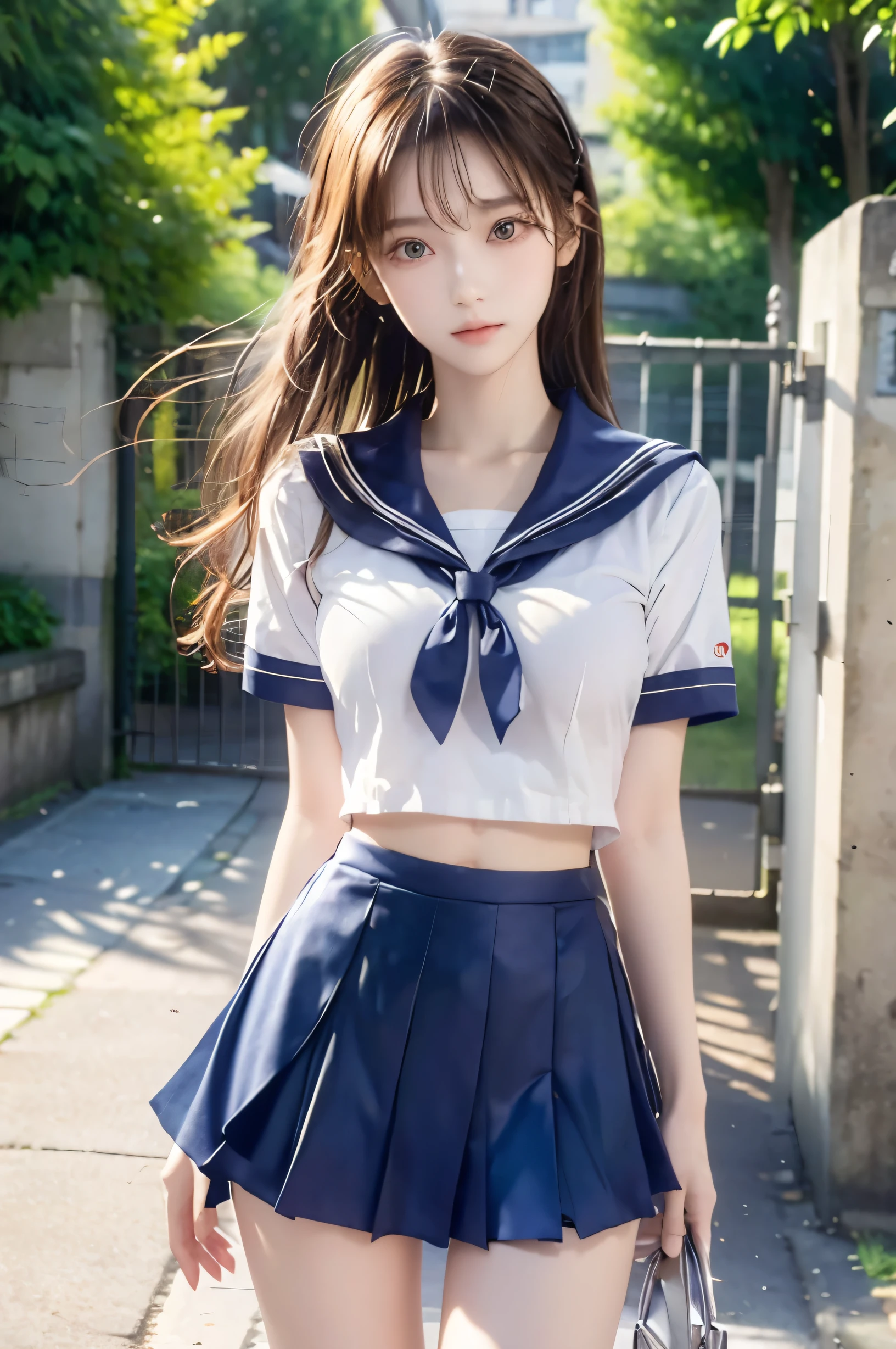 (Ultra HD), (Looking at me), (Short-sleeved sailor uniform, Navy blue mini skirt), Big Breasts, Super beautiful breasts, Slender, (Thin legs:1.2), (Thin thighs:1.2), (Thin Hips:1.4), (Beautiful Skin, Shiny skin, White skin), (Super slim face, Super beautiful face, No makeup, Smile:0.6), (Light Brown, Long Hair, Layered Cut, Fluffy hair), (Big eyes:1.3, High corners of the eyes:1.6, Double Eyelids), (Thin eyebrows:0.1), (Small Nose:0.6), (Thin lips:0.6), Beautiful Hands, Empty-handed, Standing, In front of the school gate