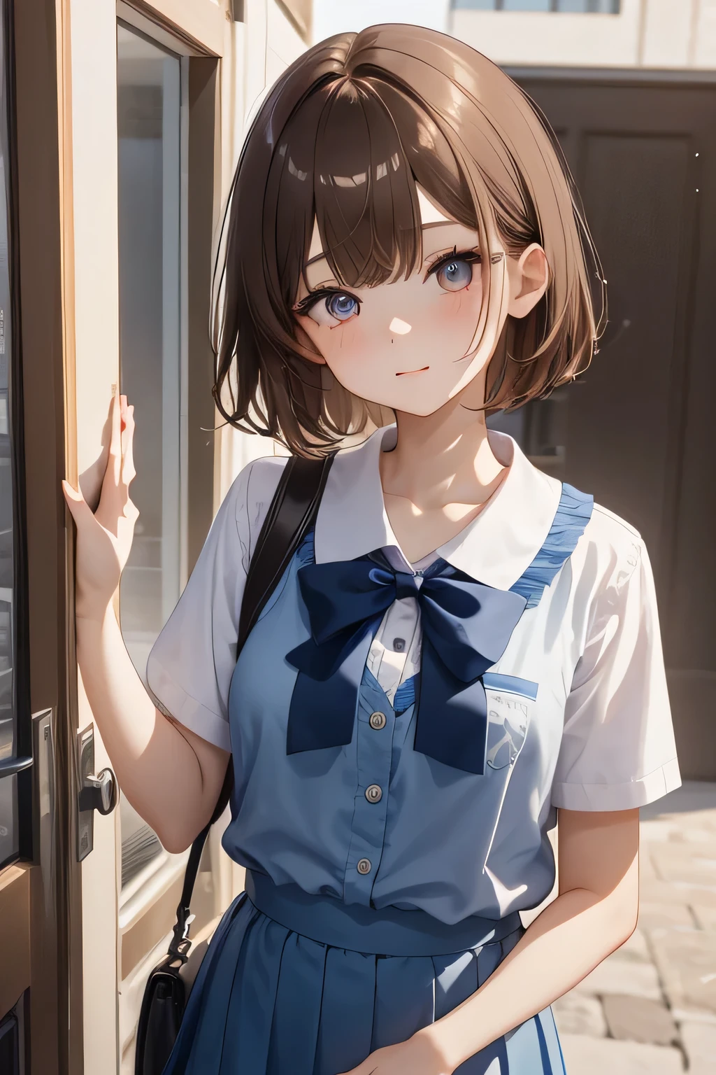 Hand opening the door、woman、Brown hair short cut、Junior high school students、Small breasts school uniform、Young face