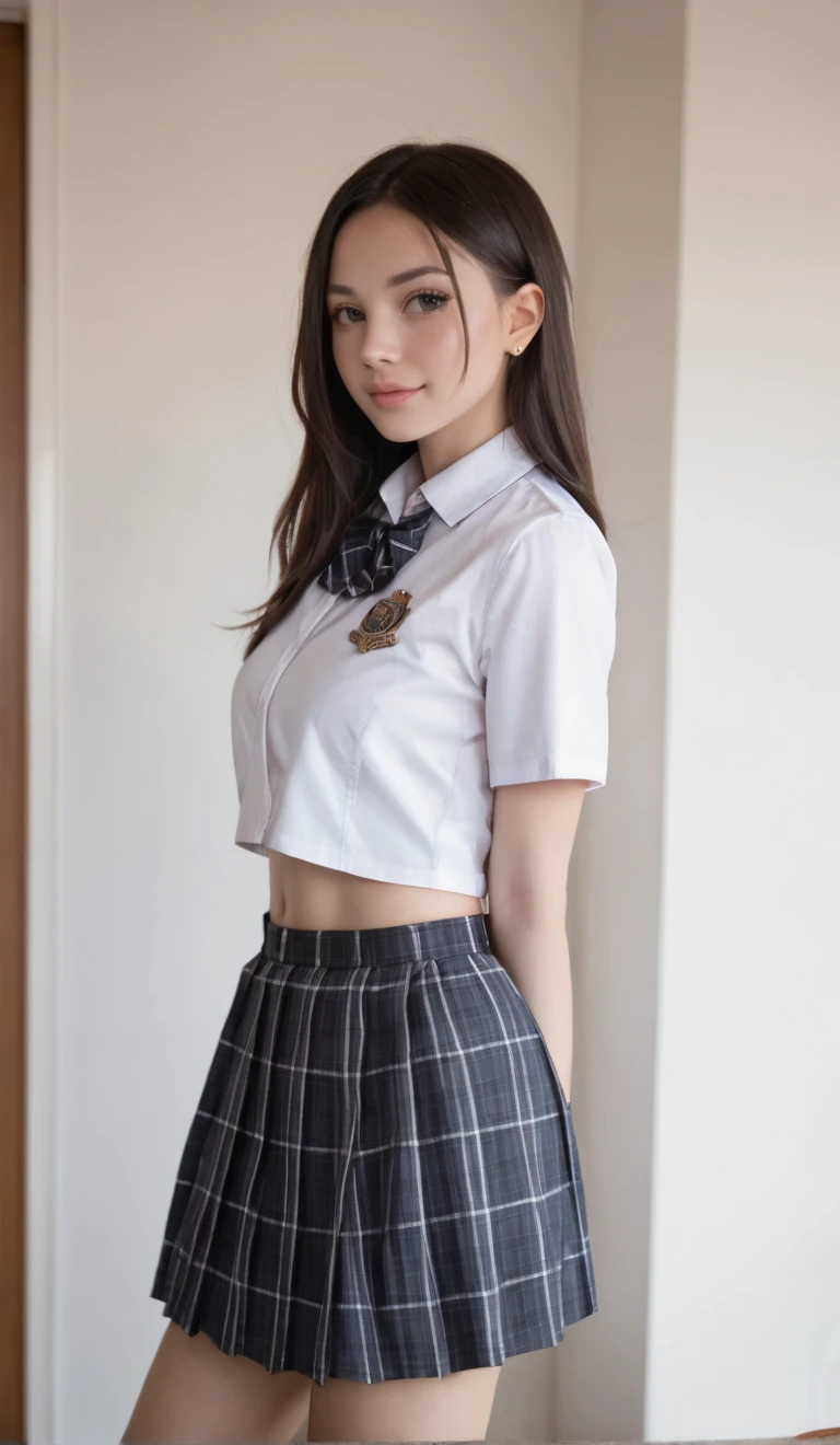 masterpiece, Highest quality, High resolution,8k， 1 hair clip, Tokiwadai School Uniform 、Gray Skirt Photorealistic,Windmill side、blue sky、smile、low length、Immature body、Small breasts、Beautiful cherry-colored areola、Erect nipples、Narrow waist、Small butt、Shaved、No underwear、No bra、Lift your skirt with your hands to expose your private parts
