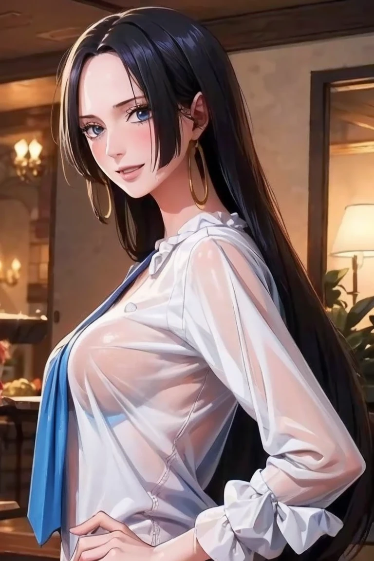 best quality, masterpiece, highly detailed,1girl, (detail light), Boa Hancock,, (masterpiece:1.5), Detailed Photo, Smiling,(8K, Photorealistic, Best Quality: 1.4), (1girl), Beautiful Face, (anime realistic Face), (Black Hair, long Hair: 1.3), Beautiful Hairstyle, Realistic eyes, beautiful detail eyes, (realistic skin), beautiful skin, absurd, attractive, ultra high resolution, ultra realistic, high definition, golden ratio, backwards, looking back, wearing a wet office suit, take a shower, in the bathroom