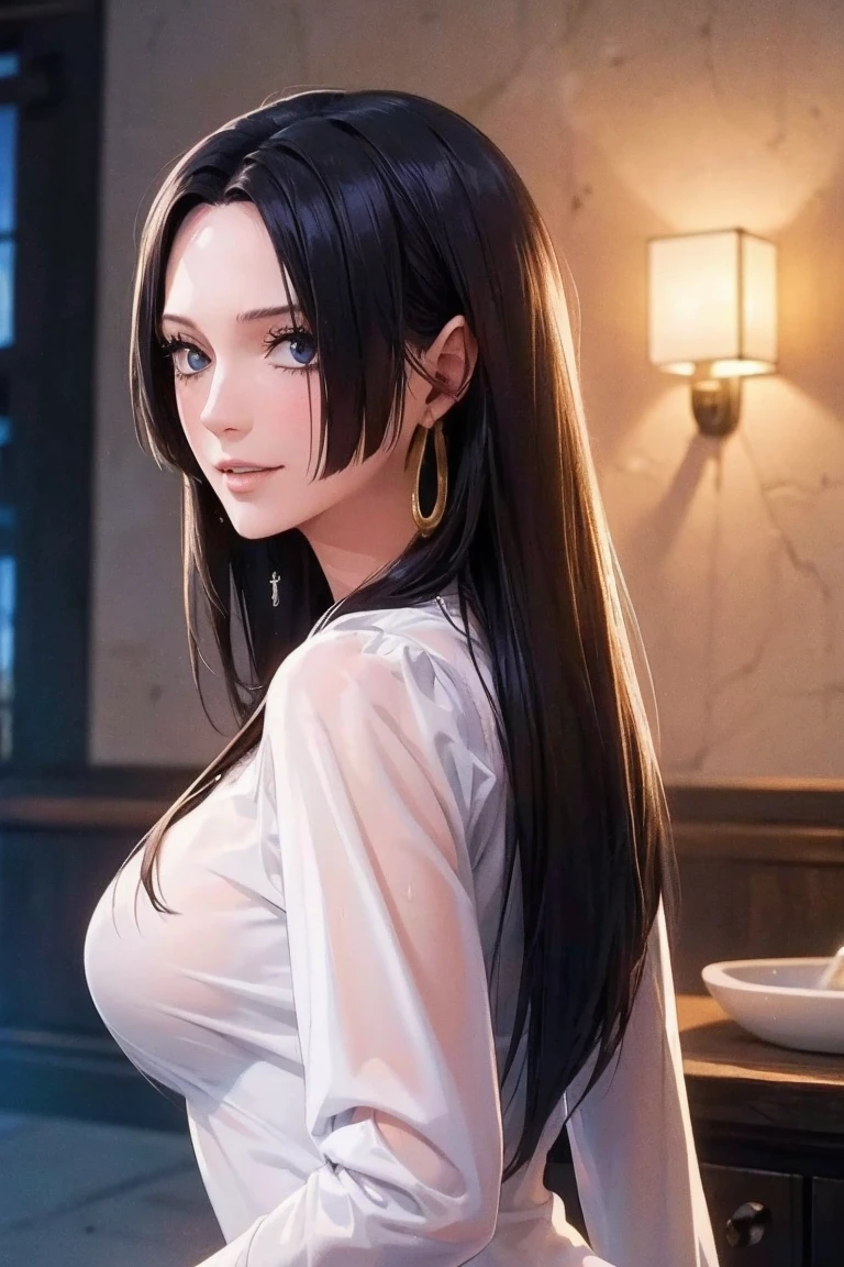 best quality, masterpiece, highly detailed,1girl, (detail light), Boa Hancock,, (masterpiece:1.5), Detailed Photo, Smiling,(8K, Photorealistic, Best Quality: 1.4), (1girl), Beautiful Face, (anime realistic Face), (Black Hair, long Hair: 1.3), Beautiful Hairstyle, Realistic eyes, beautiful detail eyes, (realistic skin), beautiful skin, absurd, attractive, ultra high resolution, ultra realistic, high definition, golden ratio, backwards, looking back, wearing a wet office suit, take a shower, in the bathroom