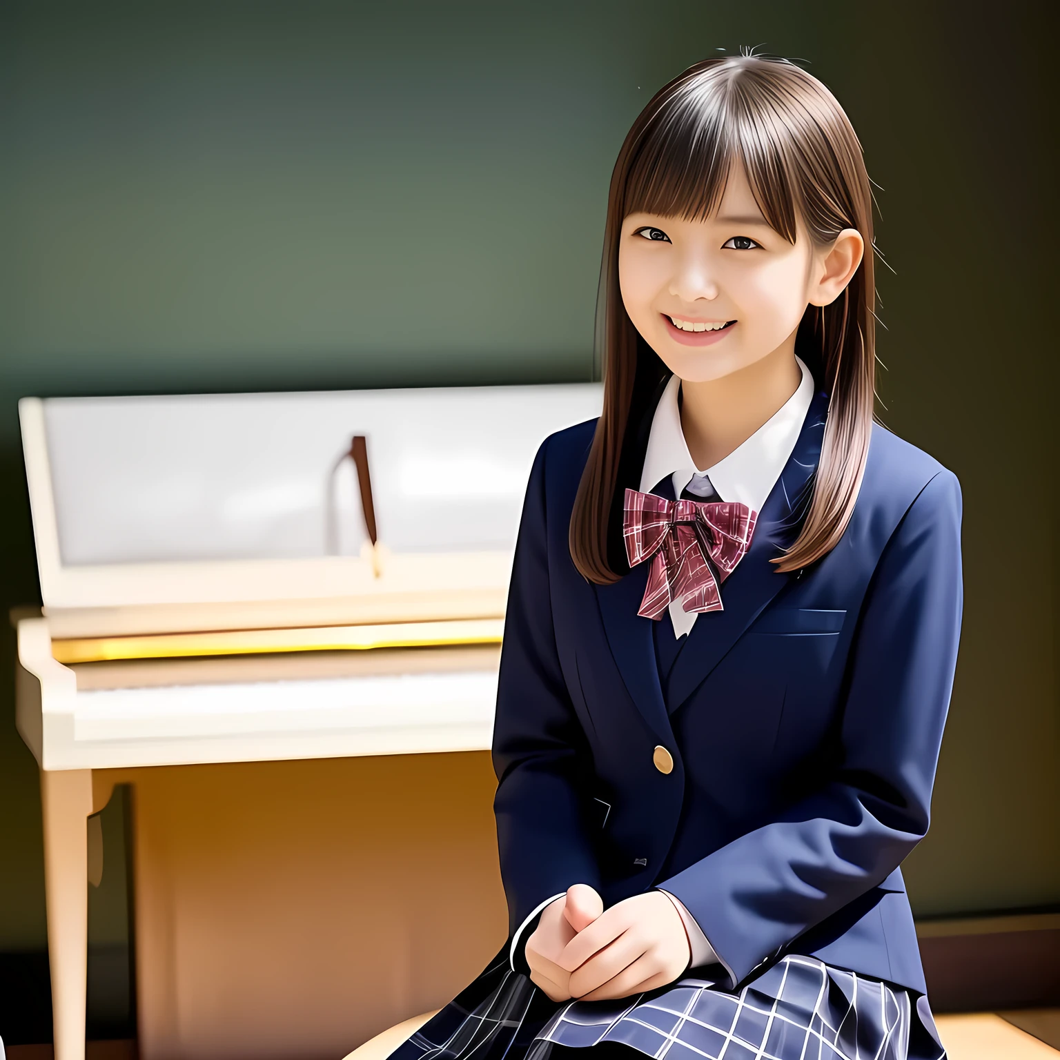 (Highest quality, masterpiece:1.2), Highest quality, High resolution, 1080P, 8k, height: 158cm, Solo, (Alone, A noble, graceful and intelligent kawaii 15yo Japanese too-white-skin straight-long-haired 2020's popular Japanese idle is seated and being interviewed and smiling at me with extreme beatitude, expressing her happiness to me with her kawaii supreme, promoting school uniform designed by Hanae Mori: 1.8), (background is complete black: 1.0), (Amazed, double-eyelids, completely balanced, brown wet large dreaming eyes with detailed beautifully: 1.6), (Drives me crazy for her navy-colored neat tartan checkered blue skirts and make me fall into her navy-colored tartan checkered skirt: 1.2), (Fine white skin that looks like she has never been out of home: 1.6), (Navy colored school uniform blazer: 1.6), (Navy blue pleated school uniform tartan checkered skirt: 1.5), (Plain-red school ribbon on the breast), (Light-Sky-blue background), (Girl whom everyone loves because of her beauty and neat school fashion and noble manner and magic-charm of succubus: 1.7), full body shot, (jolly face expression), (evenly cut curled bangs), in front of grand piano