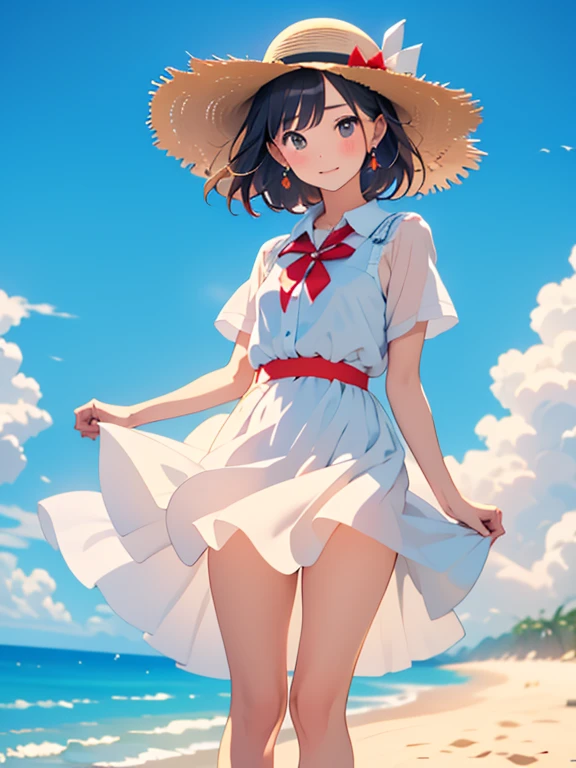 pretty girl,Painted in pastel colors, Summer clothes around her, Dancing in the Wind, High quality drawings,White dress,Belted,Straw hat,Red ribbon,Sandals,ストラップ付きSandals,Earrings,紫の宝石のEarrings,beach,holding a hat,左手でholding a hat,A strong wind is blowing,