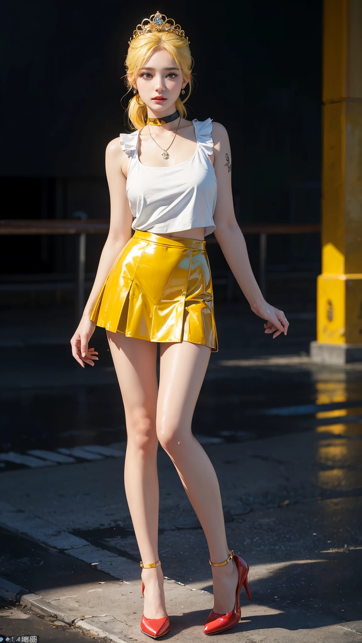 unreal engine:1.4,CG ultra realistic 64K, photorealistic:1.4, skin texture:1.4, Masterpiece:1.4,Beautiful woman with babydoll lingeries、Short yellow cyberpunk style clothing, pantimedias red , mini skirt blue,