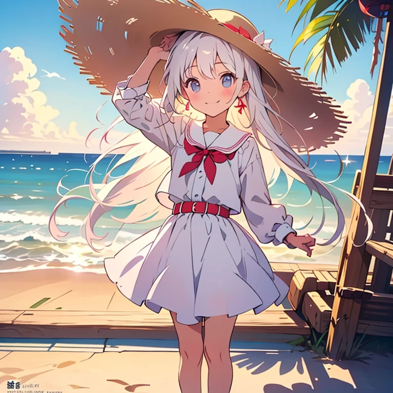 pretty girl,Painted in pastel colors, Summer clothes around her, Dancing in the Wind, High quality drawings,White dress,Belted,Straw hat,Red ribbon,Sandals,ストラップ付きSandals,Earrings,紫の宝石のEarrings,beach,holding a hat,左手でholding a hat,A strong wind is blowing,