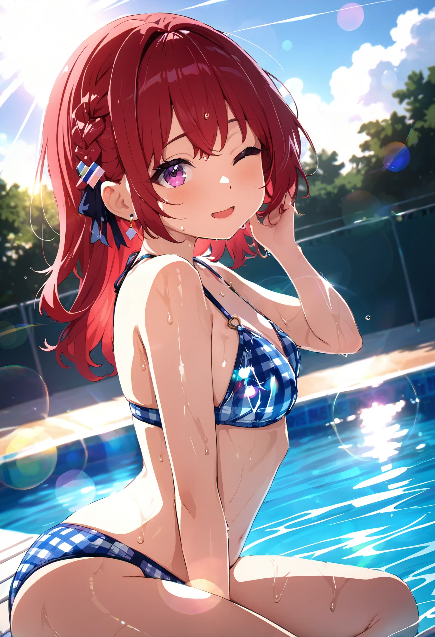 (High resolution, accurate, Best Quality, Anatomically correct, masterpiece), a girl is Full body image, from side, sitting by the pool, very short red hair, side braid hair, Gingham bikini, shiny glossy clothes, small breast, ((winking)), day light, rays of the sun, looks at the viewer, sweat, wet body, dynamic angle, gentle tones, lens flare, distortion, bokeh, 