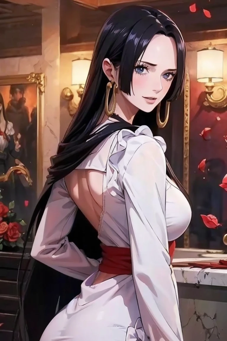 best quality, masterpiece, highly detailed,1girl,  ((rose)), (vine), cage, bandage, red rope, (detail light), falling rose petals, Boa Hancock,, (masterpiece:1.5), Detailed Photo, Smiling,(8K, Photorealistic, Best Quality: 1.4), (1girl), Beautiful Face, (anime realistic Face), (Black Hair, long Hair: 1.3), Beautiful Hairstyle, Realistic eyes, beautiful detail eyes, (realistic skin), beautiful skin, (sweater), absurd, attractive, ultra high resolution, ultra realistic, high definition, golden ratio, 