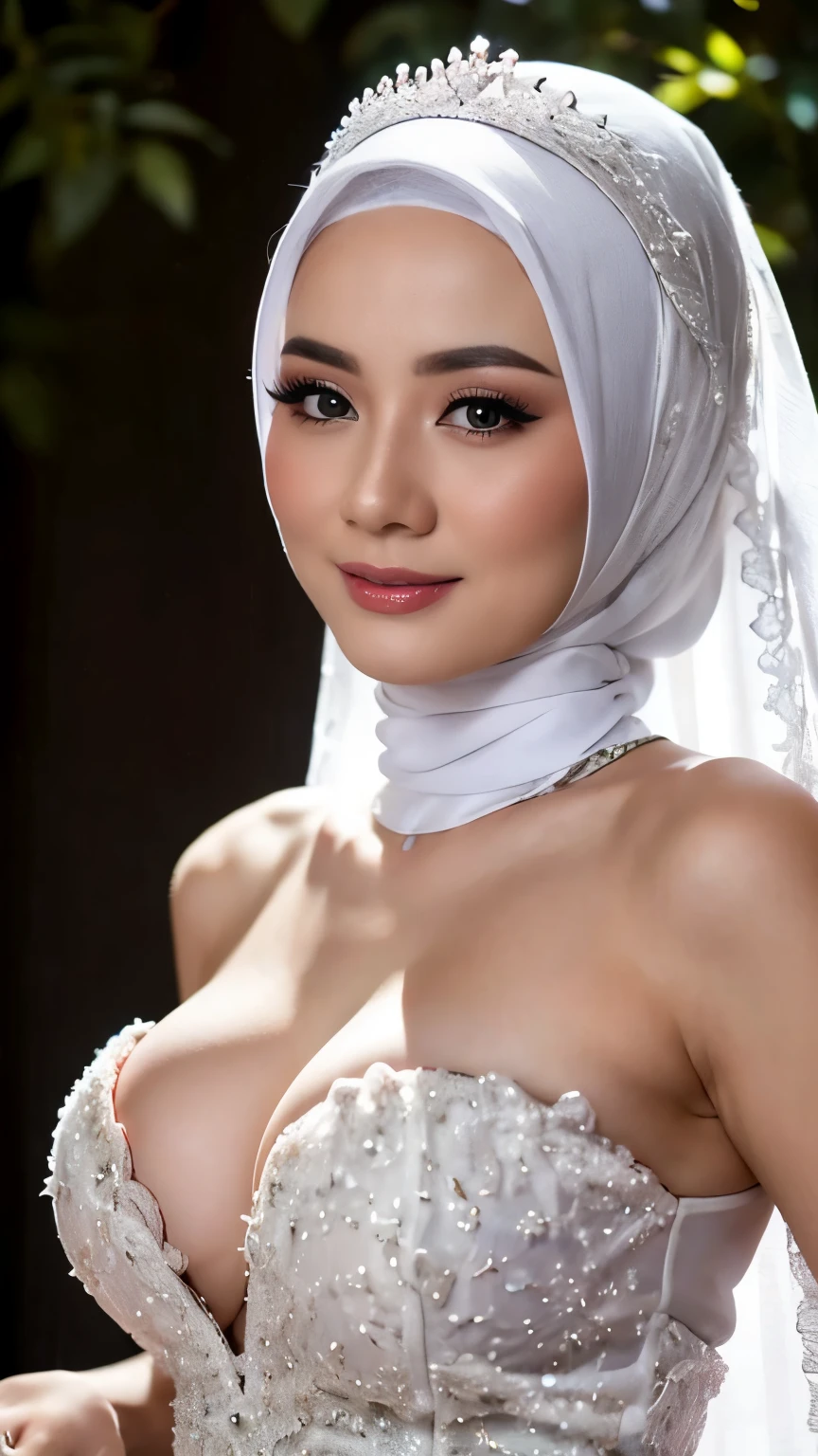 ((Realistic lighting, Best quality, 8K, Masterpiece: 1.3, hyper realistic)), Clear focus: 1.2, 1 indonesian hijab girl, georgeus sexy seethru wedding dress, (white silver hijab, medium breasts: 1.3),open breast, breast out, pink nipples, slightly chubby, (detailed lace material), (outdoor, day light: 1.1), beautiful garden of flowers background, Super fine face, fine eyes, double eyelids, naughty smile, upper body, wedding bride pose, see through