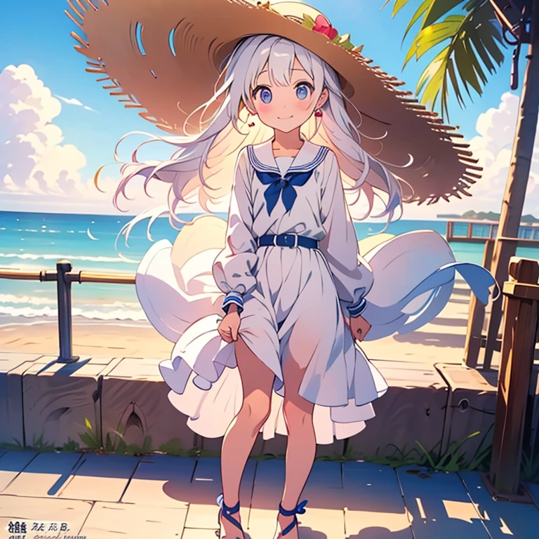 pretty girl,Painted in pastel colors, Summer clothes around her, Dancing in the Wind, High quality drawings,White dress,With blue belt,Blue lines on the cuffs,Straw hat,Red ribbon,Sandals,ストラップ付きSandals,Earrings,紫の宝石のEarrings,beach,Holding the hat,左手でHolding the hat,A strong wind is blowing,
