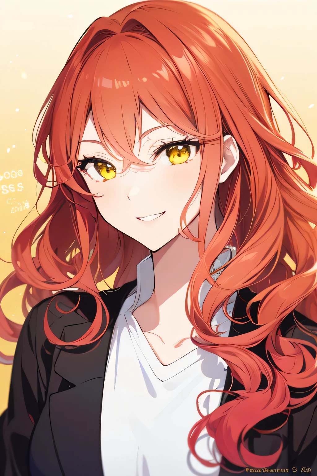Anime girl, red hair, wavy hair, long hair, golden eyes, woman anime style, detailed, clear image, beautiful, pretty, light, gorgeous, yellow eyes, mature, sexy, in 20s, mordan clothes, hair in between eyes, bangs, wearing simple shirt, wavy hair, curly hair, smile