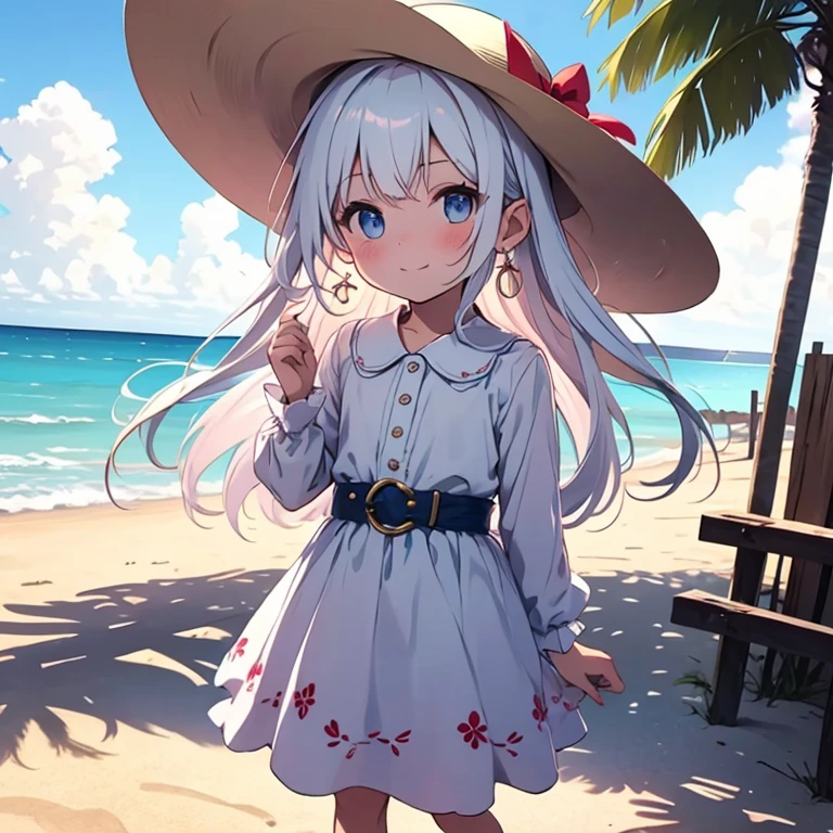 pretty girl,Painted in pastel colors, Summer clothes around her, Dancing in the Wind, High quality drawings,White dress,With blue belt,Blue lines on the cuffs,Straw hat,Red ribbon,Sandals,ストラップ付きSandals,Earrings,紫の宝石のEarrings,beach,holding a hat,左手でholding a hat,A strong wind is blowing,