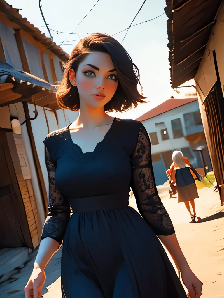 Araffe woman in a black dress walking down a street - SeaArt AI