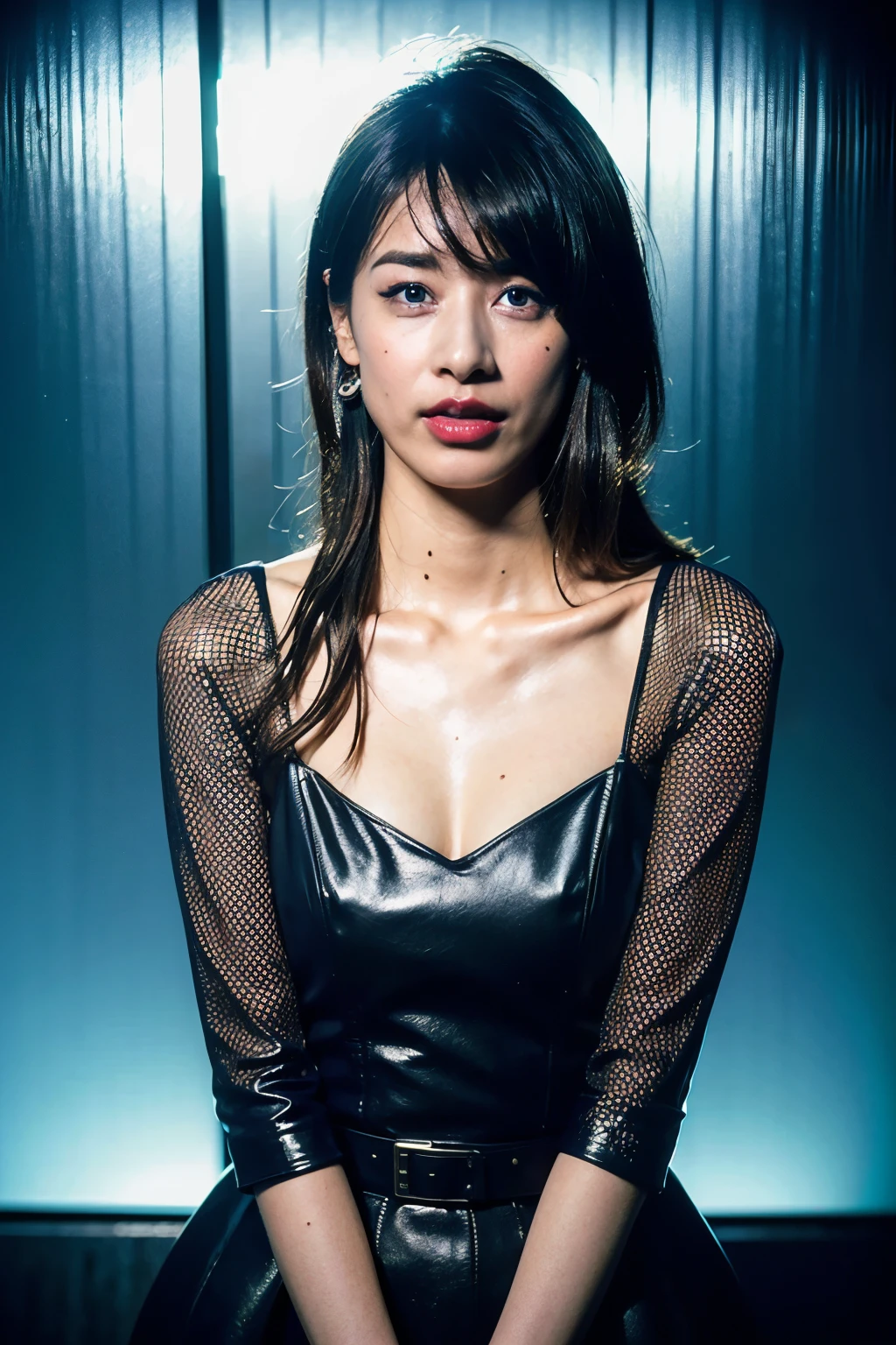 a picture、(Photorealsitic:1.4)、(hyper realisitic:1.4)、(Cinematic:1.5)、Woman in her 20s、caucasian female、(beautiful and delicate face)、(High-quality eyes)、fashion photograhy、monochromes、space suits、A space station、(Complex wiring:1.5)、Complex wiring、factories、tubing、Monitors、Dark blue tones、