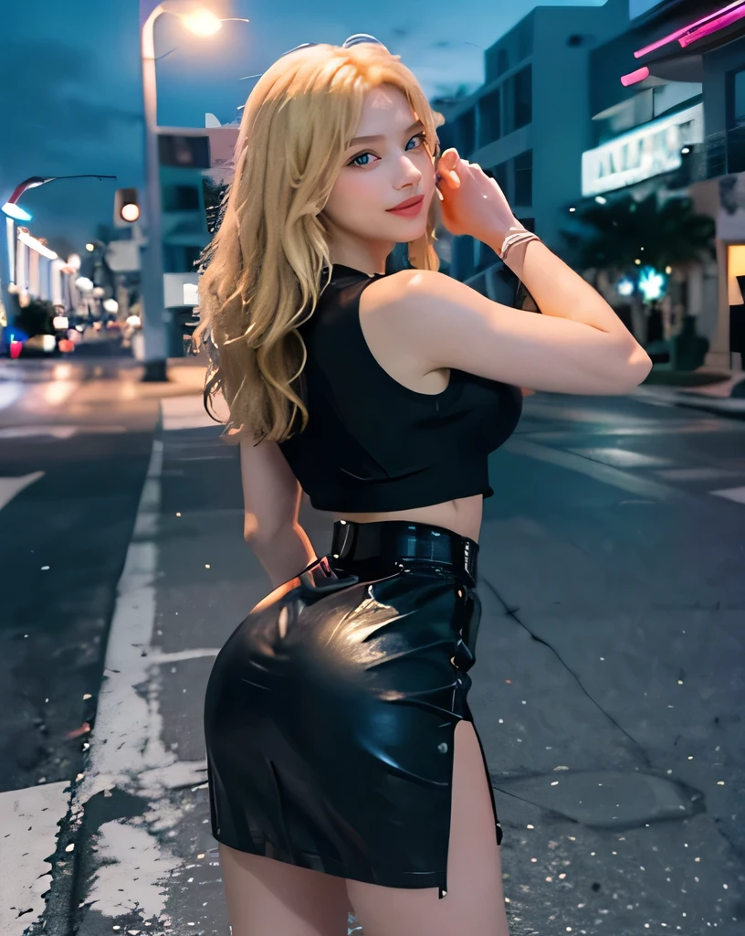 1girl, (Blue Eyes), (smiling :1.2), (Sana Minatozaki), (beautiful makeup :1.2), wide hips, Big tits, big ass, (Best Quality, 8k, Masterpiece: 1.3), Clear Focus: 1.2, Perfect Body Beauty: 1.4, strong abs, Highly detailed face and skin texture, detailed eyes, double eyelids, (blond long straight hair :1.2), (black cleavage tanktop), (black mini skirt up :1.2), standing, looking back, showing her ass :1.3, view from behind, in a street