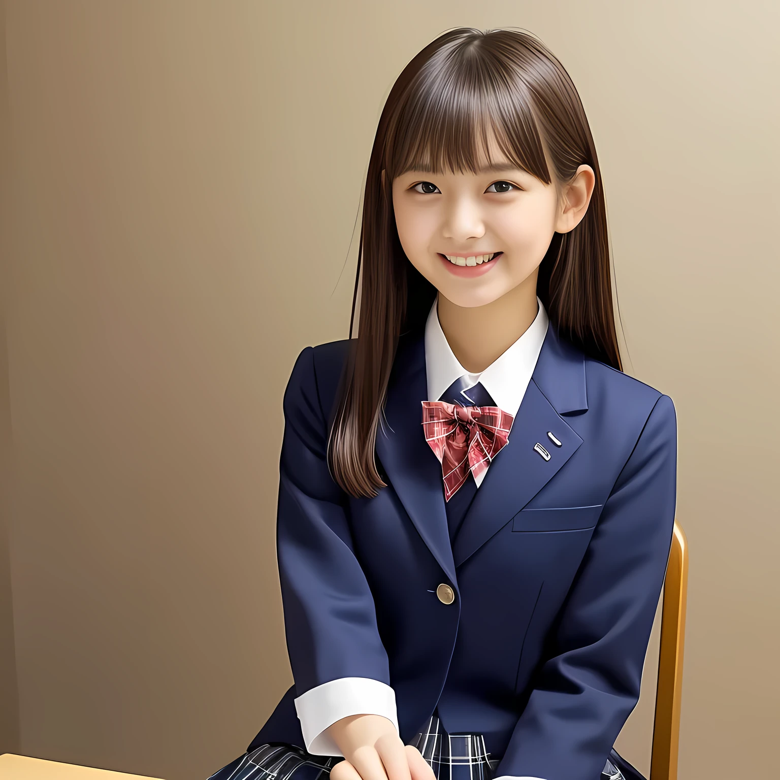 (Highest quality, masterpiece:1.2), Highest quality, High resolution, 1080P, 8k, height: 158cm, Solo, (Alone, A noble, graceful and intelligent kawaii **** Japanese too-white-skin straight-long-haired 1980's most beautiful young model in Japan is seated and being interviewed and smiling at me with extreme beatitude, expressing her happiness to me with her kawaii supreme, promoting school uniform designed by Hanae Mori: 1.8), (background is complete black: 1.0), (Amazed, double-eyelids, completely balanced, brown wet large dreaming eyes with detailed beautifully: 1.6), (Drives me crazy for her navy-colored neat tartan checkered blue skirts and make me fall into her navy-colored tartan checkered skirt: 1.2), (Fine white skin that looks like she has never been out of home: 1.6), (Navy colored school uniform blazer: 1.6), (Navy blue pleated school uniform tartan checkered skirt: 1.5), (Plain-red school ribbon on the breast), (Light-Sky-blue background), (Girl whom everyone loves because of her beauty and neat school fashion and noble manner and magic-charm of succubus: 1.7), full body shot, (jolly face expression), (evenly cut curled bangs)