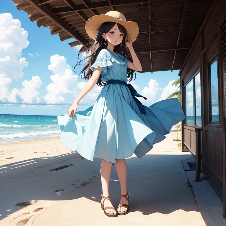 pretty girl,Painted in pastel colors, Summer clothes around her, Dancing in the Wind, High quality drawings,White dress,With blue belt,Blue lines on the cuffs,Straw hat,Red ribbon,Sandals,ストラップ付きSandals,Earrings,紫の宝石のEarrings,beach,holding a hat,左手でholding a hat,A strong wind is blowing,Water&#39;s Edge