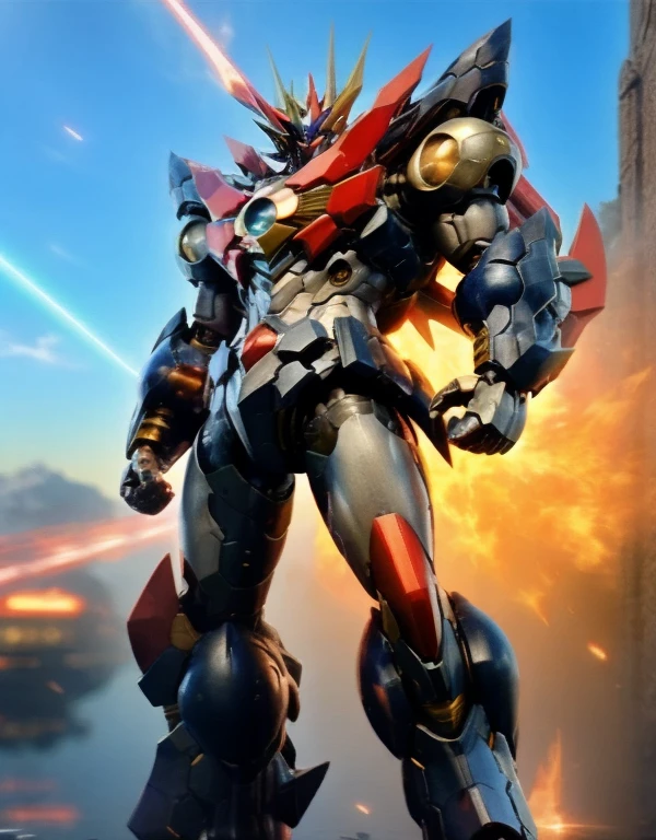 Humanoid Mecha, Fully enclosed shoulder guards, Matching arm and leg guards, whole body, Full Armor, Super Robot, Robust and agile design, ( the concept Inspired by Super Robot, Lion concept chest armor, Temporarily stop, Standing, Floating above a futuristic sci-fi city), Exquisite and mature art style, (Aura effect, Energy, Glowing Eyes, Armor Shines), ((ＳＲＳ)), metallic, dramatic, High resolution, Best Quality, High resolution, Very detailed, Ultra-fine painting, Very delicate, professional, 完璧なボディprofessionalポーション, Anatomically correct, Symmetrical face, Very detailed目と顔, High quality eyes, creativity, RAW Photos, 超High resolution, 32K, Natural Light, Cinema Lighting, masterpiece-anatomy-perfect, masterpiece:1.5