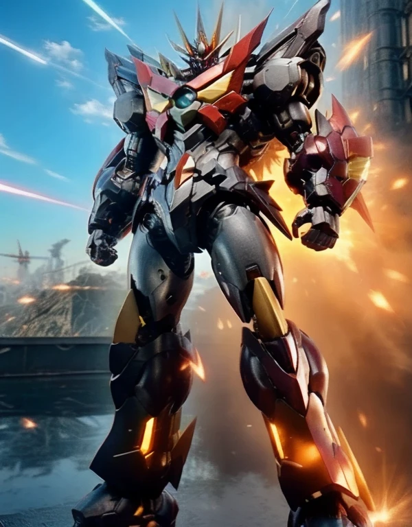 Humanoid Mecha, Fully enclosed shoulder guards, Matching arm and leg guards, whole body, Full Armor, Super Robot, Robust and agile design, ( the concept Inspired by Super Robot, Lion concept chest armor, Temporarily stop, Standing, Floating above a futuristic sci-fi city), Exquisite and mature art style, (Aura effect, Energy, Glowing Eyes, Armor Shines), ((ＳＲＳ)), metallic, dramatic, High resolution, Best Quality, High resolution, Very detailed, Ultra-fine painting, Very delicate, professional, 完璧なボディprofessionalポーション, Anatomically correct, Symmetrical face, Very detailed目と顔, High quality eyes, creativity, RAW Photos, 超High resolution, 32K, Natural Light, Cinema Lighting, masterpiece-anatomy-perfect, masterpiece:1.5