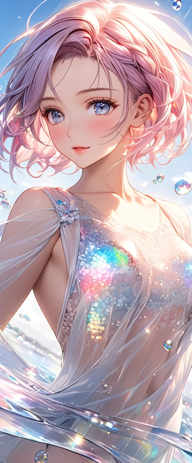fusion of watercolors and oil paintings, best quality, super fine, 16k, incredibly absurdres, extremely detailed, 2.5D, delicate and dynamic depiction, beautiful woman, amorous and lewd expression, white messy wavy fine braided short hair, forehead, make-up, superlative body proportion, ripples in water, transparent, translucent, prisms, iridescent sequins, dancing letters, portraits, prime lenses, lens filters, clear subject, background sky, heaven, heavenly, soft pastel color image effects