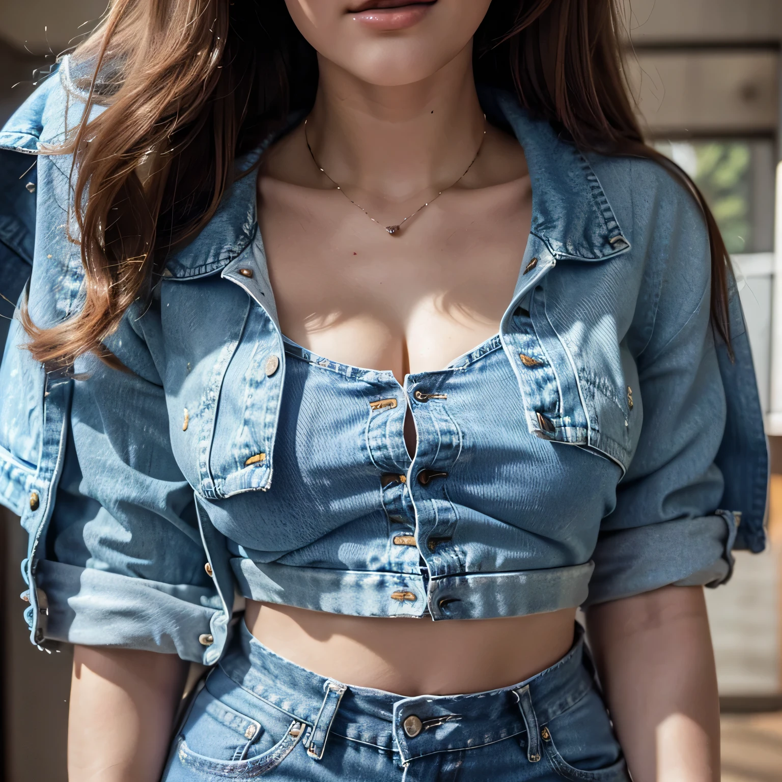 Beautiful skinny girl, wheat skin, freckled face, little makeup, beautiful patterned top, colored denim shorts, leaning against the wall, looking seductively at the camera, beautiful honey eyes, the sunlight on her face is very beautiful, messy Hairbun 
