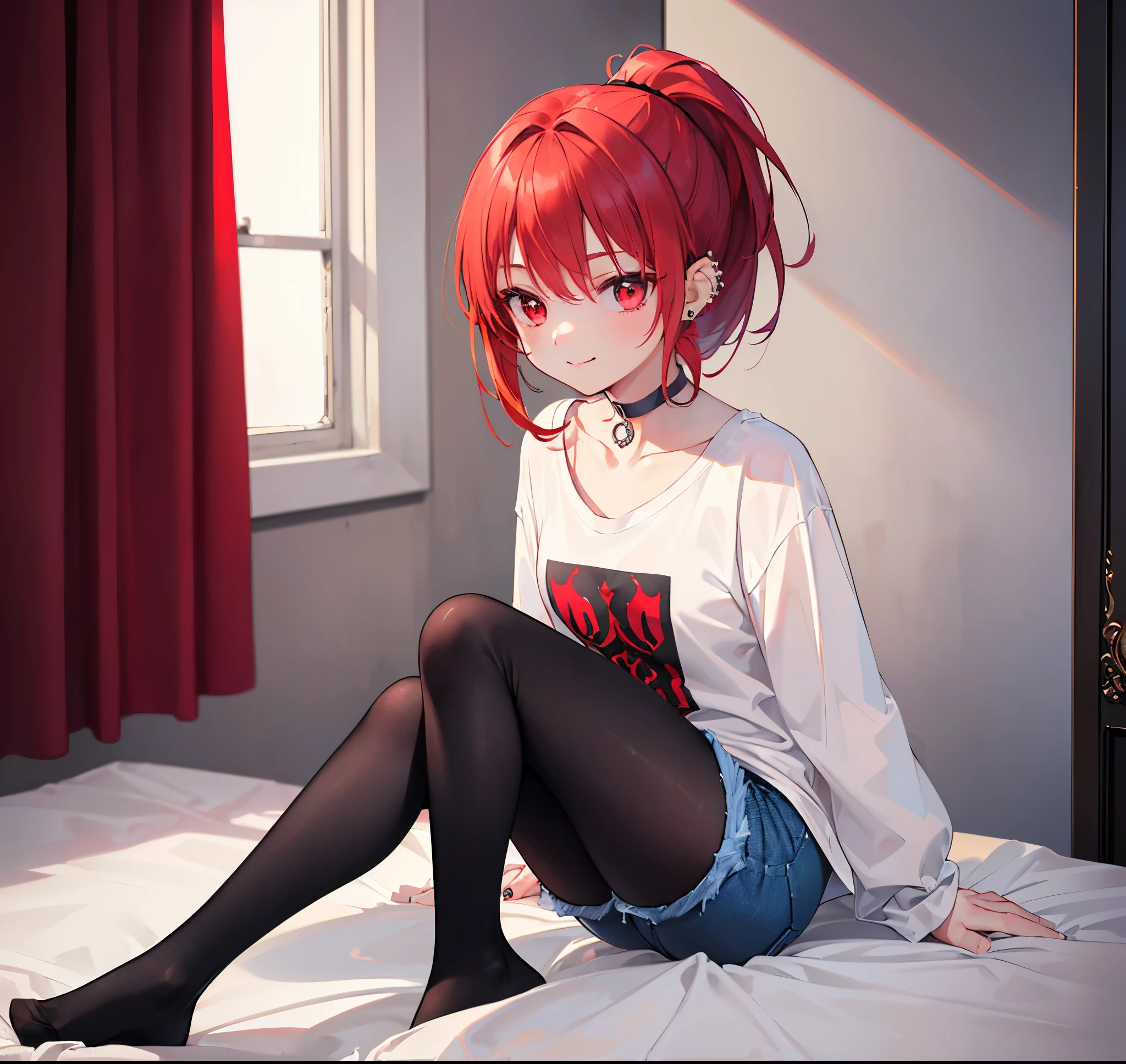 masutepiece, Best Quality, 1girl in, (karen),Red color hair, (red eyes:1.2),((Knitted tops))、((Denim miniskirt))、((embarassed expression))、((Bedroom))、((Spread your legs apart))、((pantyhose))、((short-hair))、((Behind photo))