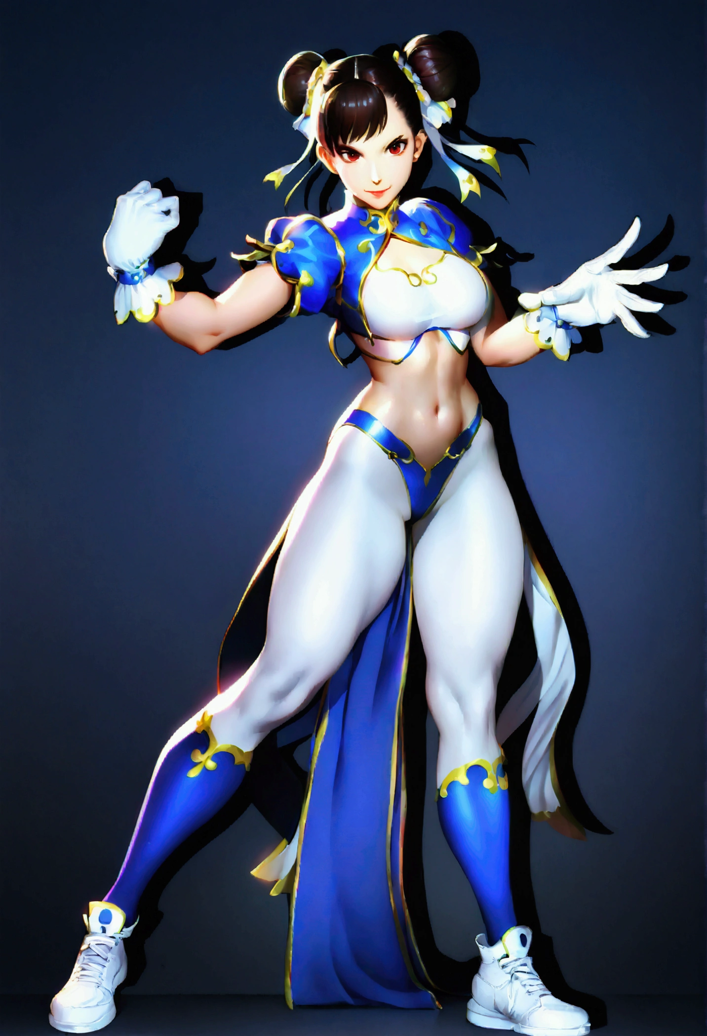 Chun Li,beautiful and hot woman,wearing white sneakers,short black hair and red eyes,bad smile,whole body,pose sexy,white gloves,low lighting,shadow,stocking
