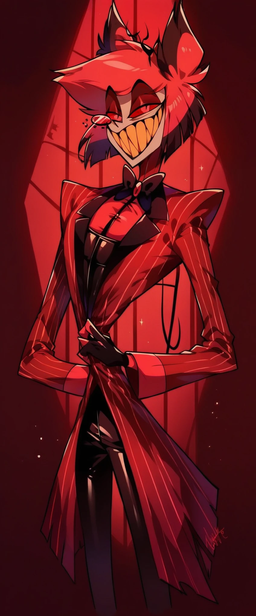 Alastor (Hazbin Hotel), radio demon, sharp toothed grin, ((((dark red formal (((shiny latex suit))) with pinstripes)))), monocle, elegant cane, sinister smile, high contrast lighting, hazbin hotel lobby background