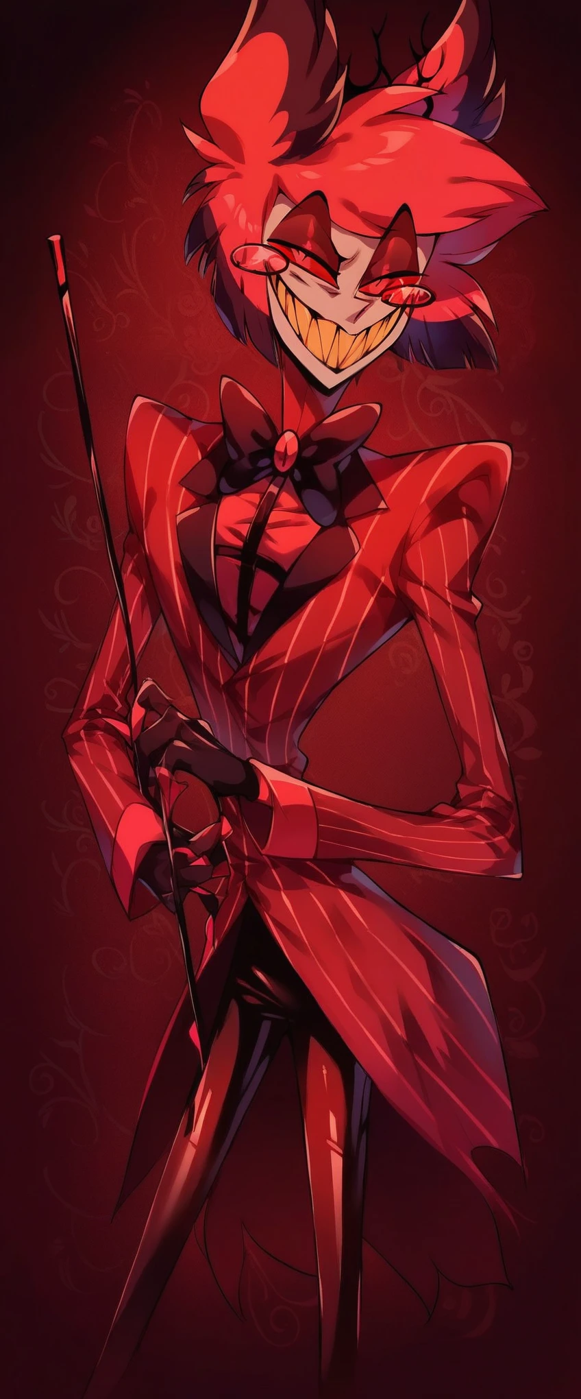 Alastor (Hazbin Hotel), radio demon, sharp toothed grin, ((((dark red formal (((shiny latex suit))) with pinstripes)))), monocle, elegant cane, sinister smile, high contrast lighting, hazbin hotel lobby background