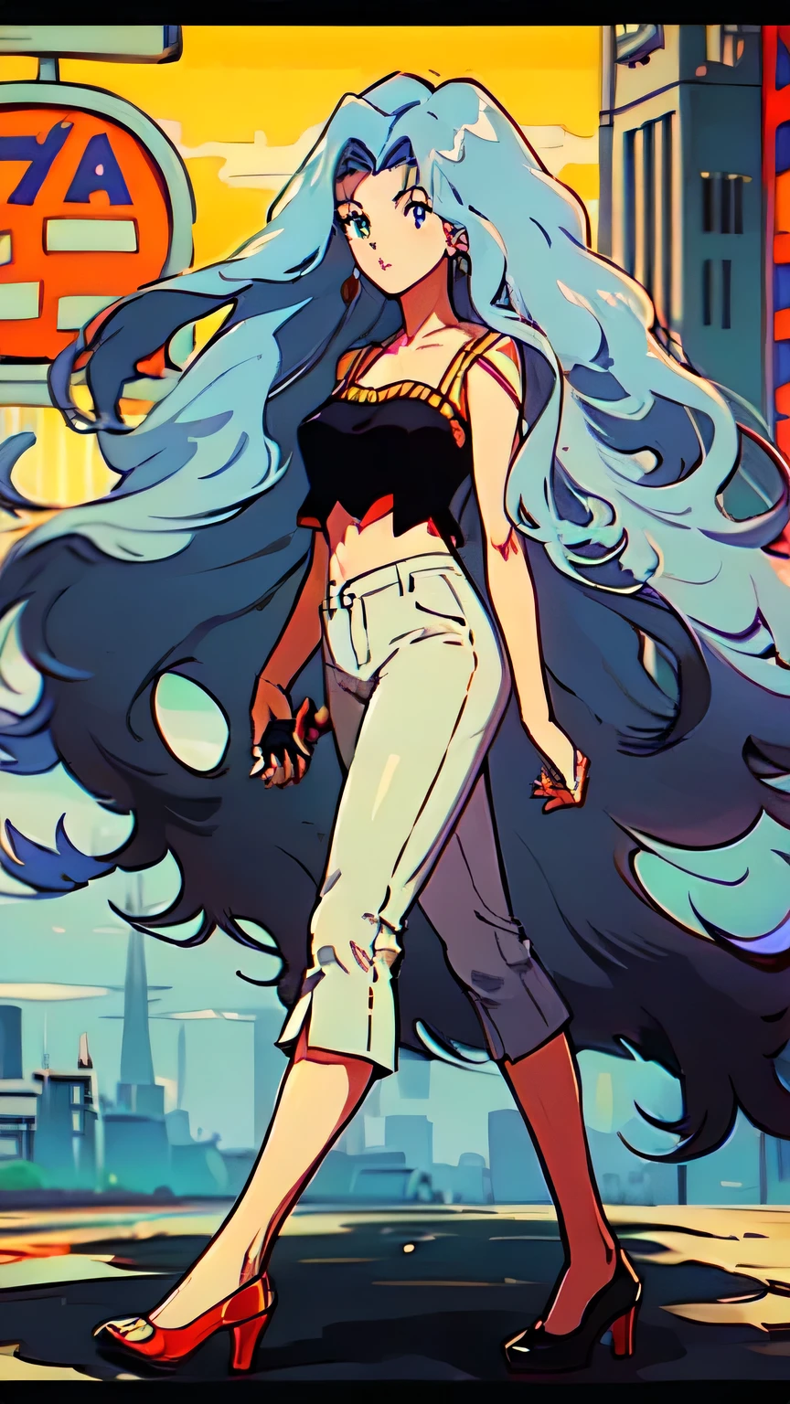 (80's, retro, city pop poster:1.5), (album cover), (masterpiece, best quality), (anime, illustration), a solo woman, a woman, curly hair, wavy hair, voluminous hair, blue hair, yellow top crop, short top crop, top crop sleeveless, bra, exposed abdomen, white pants, high heels, woman walking on the street, working out walking on the street, profile shot, full body,