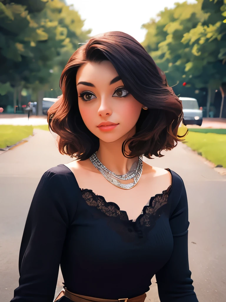 best quality, masterpiece, realistic photo, intricate details, raw photo, ultra detailed, old fashioned young woman, with peasant style dress, no necklines, brunette hair, perfect detailed and brown eyes, walking in an old park, HD quality, 8K, young woman, 20 years old