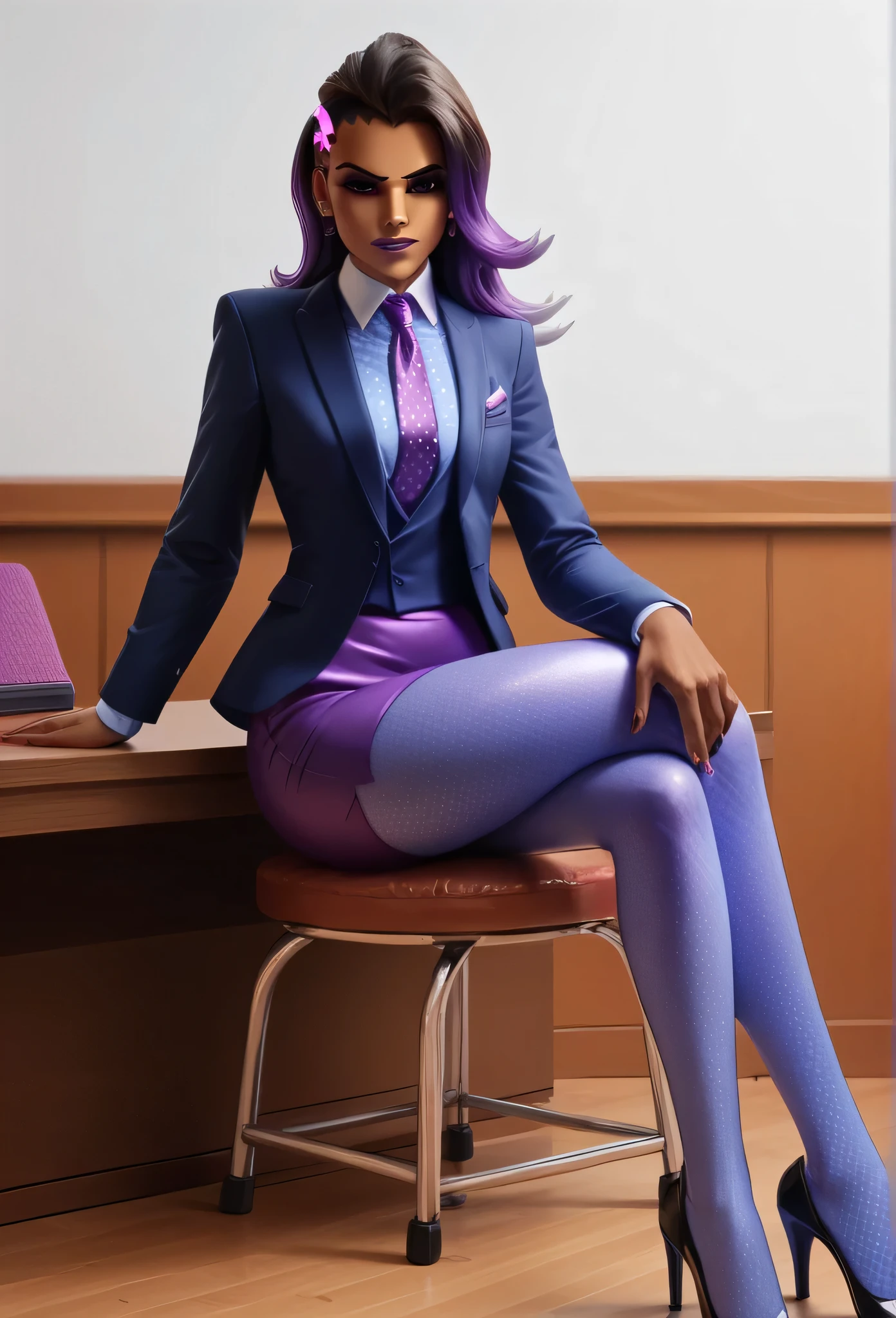 score_9, score_8_up, score_7_up, score_6_up, score_5_up, score_4_up, 3d,
owsombra, owwidowmaker, 2 girls, smirk, three-piece suit, ((waistcoat)), purple skirt suit, dress shirt, purple necktie, blazer, suit jacket, bodycon pencil skirt, (lilac shirt with white collar), white shirt collar, contrast collar, suit trim, makeup, lipstick, high heels, polka dot pantyhose, sitting on desk, hand on knee, elegant, cheeky, crossed legs, adjusting necktie