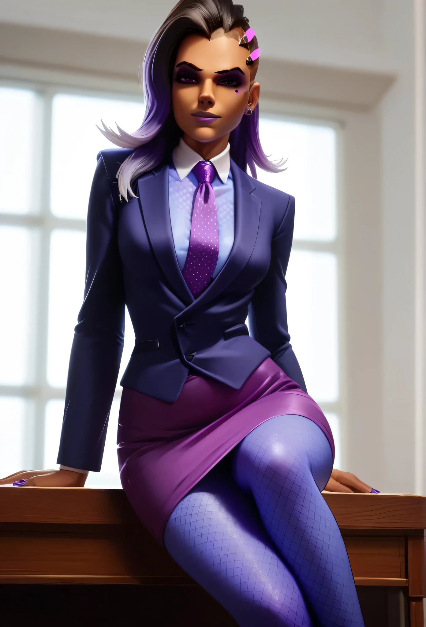 score_9, score_8_up, score_7_up, score_6_up, score_5_up, score_4_up, 3d,
owsombra, owwidowmaker, 2 girls, smirk, three-piece suit, ((waistcoat)), purple skirt suit, dress shirt, purple necktie, blazer, suit jacket, bodycon pencil skirt, (lilac shirt with white collar), white shirt collar, contrast collar, suit trim, makeup, lipstick, high heels, polka dot pantyhose, sitting on desk, hand on knee, elegant, cheeky, crossed legs, adjusting necktie