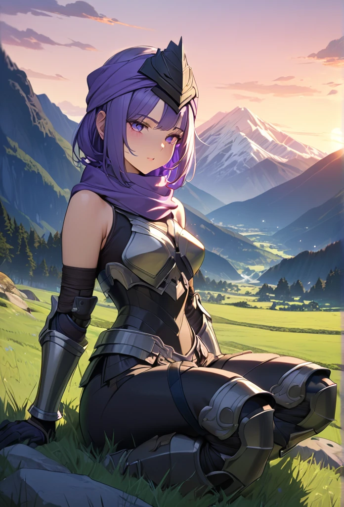 One girl, Anime Style, masterpiece, , High resolution, Ultra-detailed, (Best Quality, beruka, Gauntlet), armor, Purple scarf, Black Gloves, pants, boots, Wear a bandana on your head, Sitting, in front, tree々, Mountain, Beautiful landscape in the background, Soft sunset, Subtle reflection on the ground.