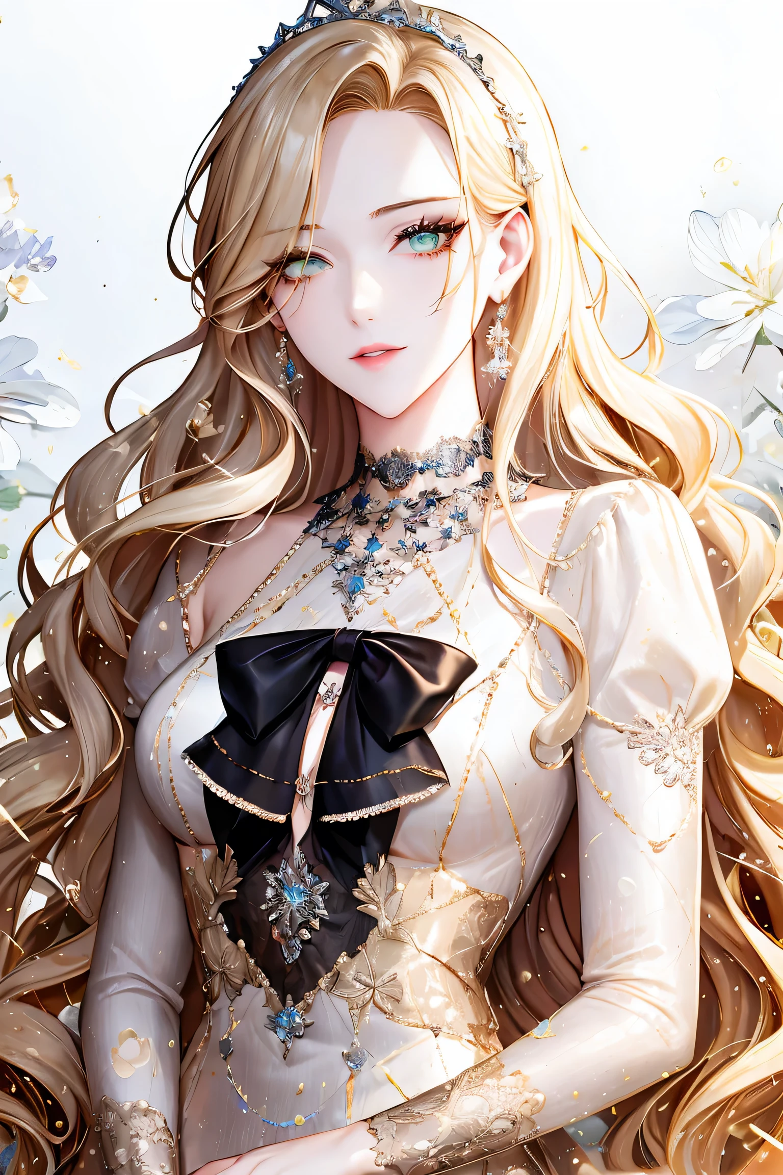 shoujo-style, (floral background, romance manhwa), 1girl, blonde hair, solo, long hair, flower, dress, tiara, white dress, gloves, long sleeves, choker, green eyes, mascara, makeup, white gloves, black bow, black flower, wavy hair, bow, bra, jewelry, looking at viewer, white background, collarbone, puffy sleeves, silver accessories, upper body, parted bangs, very long hair, blue dress, frills, bangs, closed mouth, detailed eyes, sparkle
