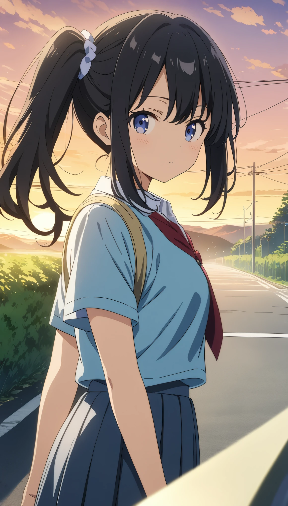 anime,4Kanime,(masterpiece:1.2),(It&#39;s so absurd.:1.2),Side Ponytail,Black Hair,Student Uniform,Sunset Road,Scenery on the way home from school,Girl looking back