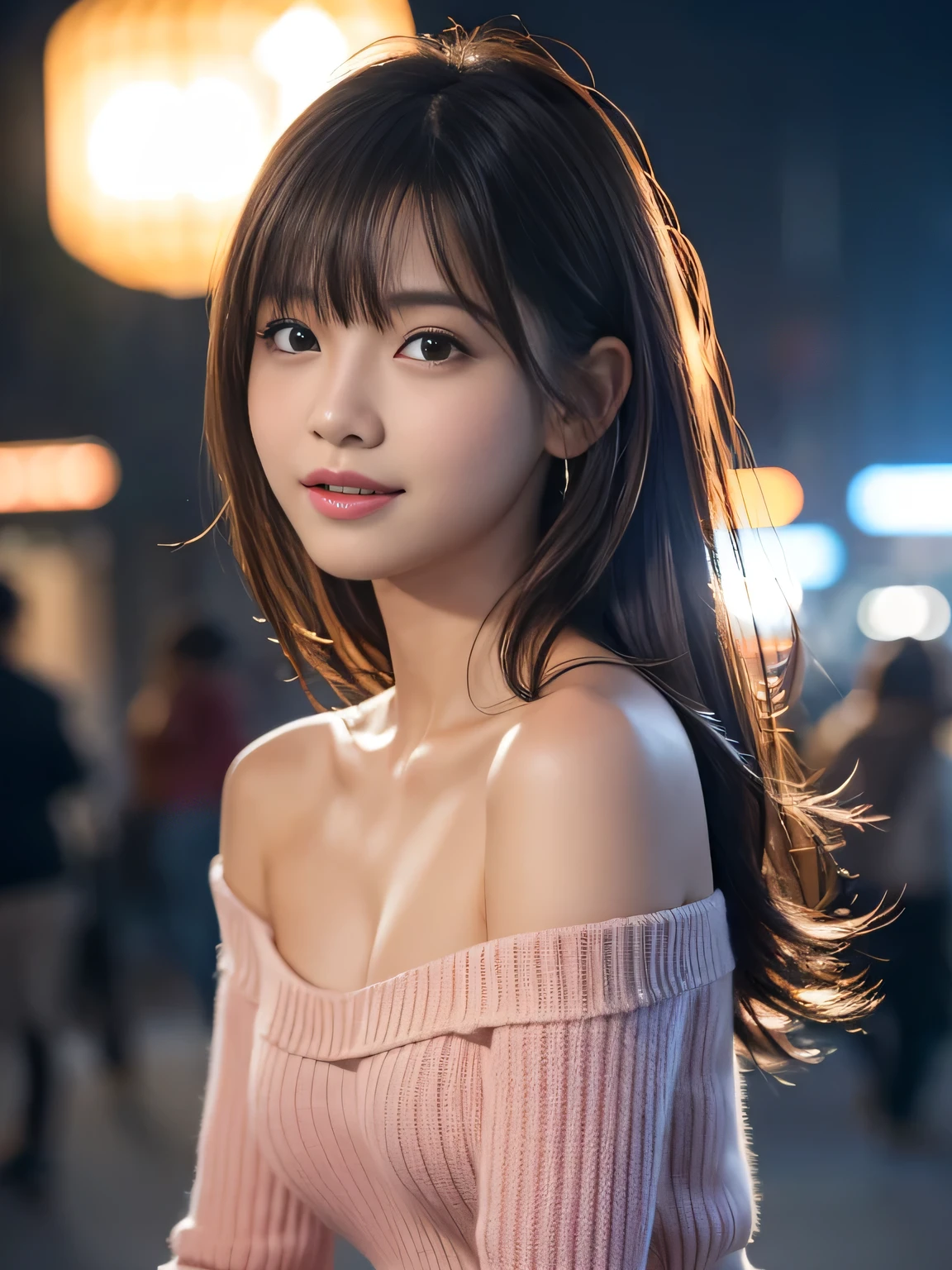 ((((long hair))))、((((brown hair))))、highest quality、8K、HDR、High resolution、background blur、photograph、(intricate details:1.2)、1 girl、solo、japanese girl、beautiful girl、((((medium breasts)))、Perfect for your skin、long eyes、detailed pupil、(pink high neck knit、pink leather skirt、pink high heels、off shoulder)、roof of the building、colorful lights、((night))、hair fluttering、Translucency、Backlight、whole body、from below(beholder)