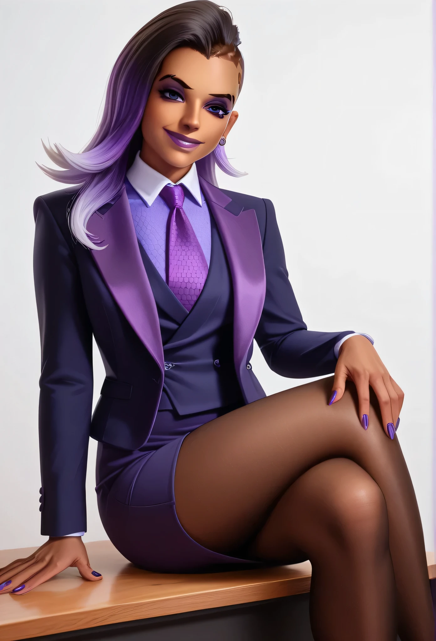 score_9, score_8_up, score_7_up, score_6_up, score_5_up, score_4_up, 3d,
owsombra, smirk, three-piece suit, ((waistcoat)), purple skirt suit, dress shirt, purple necktie, blazer, suit jacket, bodycon pencil skirt, (lilac shirt with white collar), white shirt collar, contrast collar, suit trim, makeup, lipstick, high heels, black pantyhose, sitting on desk, hand on knee, elegant, cheeky, crossed legs, holding jacket lapel, hexagon pattern