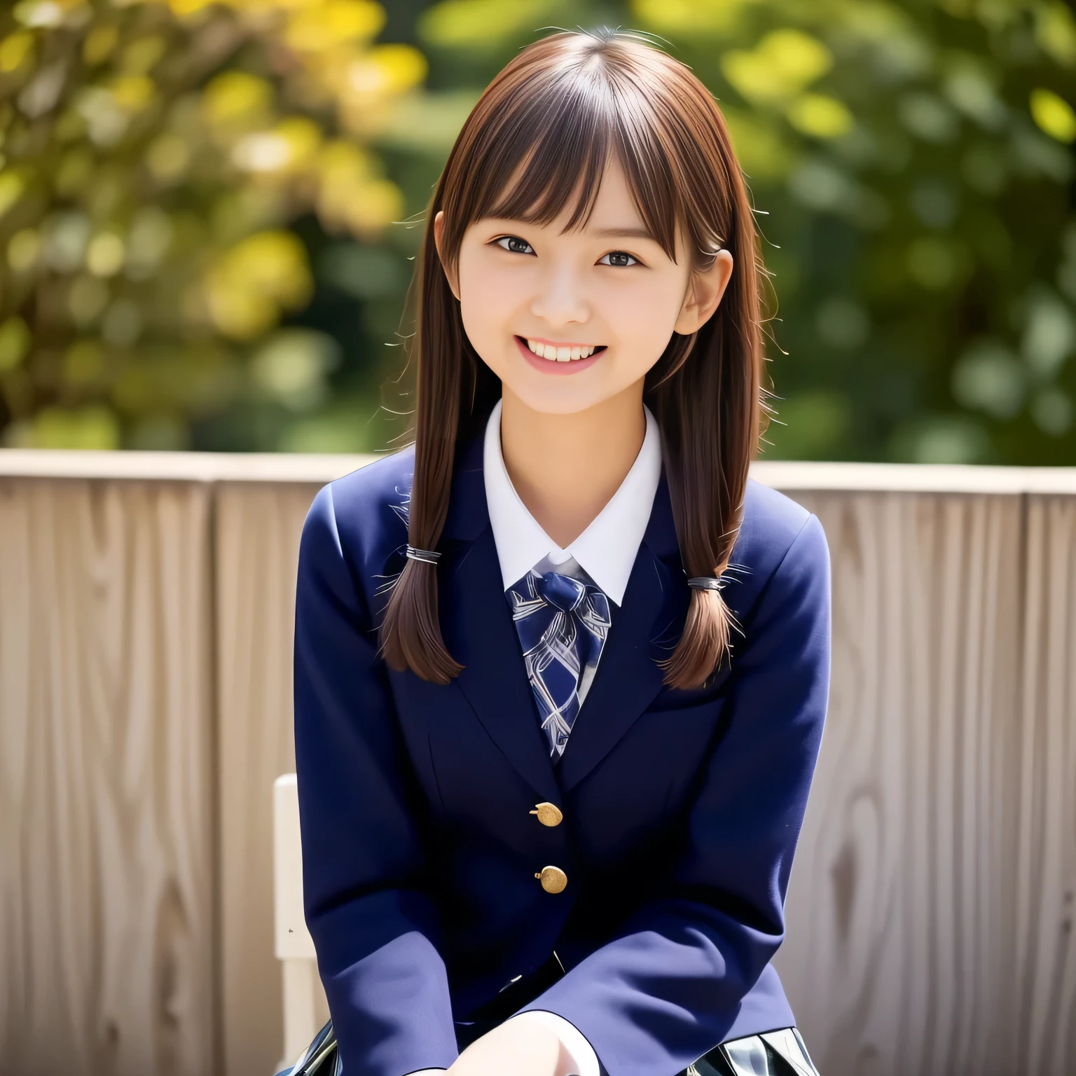 (Highest quality, masterpiece:1.2), Highest quality, High resolution, 1080P, 8k, height: 158cm, alone, (alone, A noble, graceful and intelligent kawaii yo Japanese too-white-skin straight-long-haired most-beautiful-young-model-in-Japan is seated and being interviewed and smiling at me with extreme beatitude, expressing her happiness to me with her kawaii supreme, promoting school uniform designed by Japanese company: 1.8), (background is complete black: 1.0), (Amazed, double-eyelids, completely balanced, brown wet large dreaming eyes with detailed beautifully: 1.6), (Drives me crazy for her navy-colored neat tartan checkered blue skirts and make me fall into her navy-colored tartan checkered skirt: 1.2), (Fine white skin that looks like she has never been out of home: 1.6), (Navy colored school uniform blazer: 1.6), (Navy blue pleated school uniform tartan checkered skirt: 1.5), (Plain-red school ribbon on the breast), (Light-Sky-blue background), (Girl whom everyone loves because of her beauty and neat school fashion and noble manner and magic-charm of succubus: 1.7), full body shot, (jolly face expression), (evenly cut curled bangs), (Selected as the most beautiful girl in school uniform in Japan: 1.5)