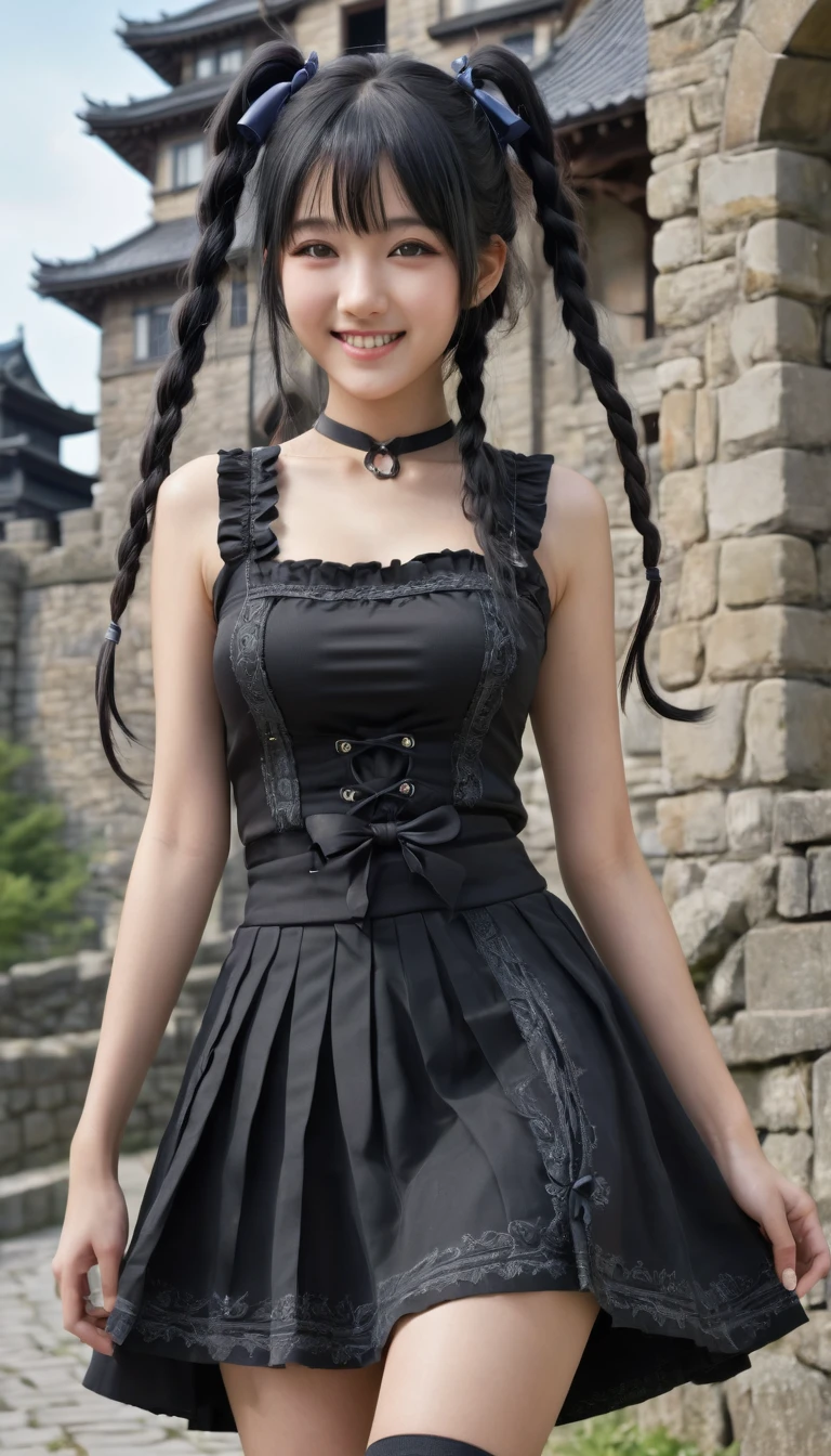 Very cute Japanese girl, , A beautiful girl with a nice smile, Long Hair, Black Hair, ribbon hair accessories, Side braids, bangs, Expressive Hair, Thready hairstyle/hair, Model body type, Long arms, Long legs,Sleeveless goth outfit, Short skirt, Entrance to the old castle, The best smile, High resolution, masterpiece, accurate, Anatomically correct, Winner of numerous awards, 最high quality, High detail, High-resolution model, high quality, Retina, Very detailed, Ultra high definition, Textured skin Ultra-detailed, Surrealism