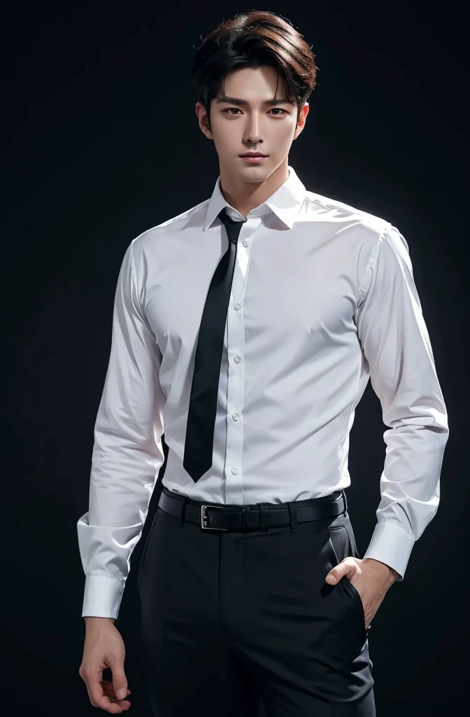 1man，A 30-year-old muscular man，Gong Jun，Wear a long-sleeved white shirt and tie，Upper body，gentlesoftlighting，tmasterpiece，best qualtiy，8K  UHD，digital SLR camera，filmgrain，Midjourney and greg rutkowski's Fujifilm XT3 realistic painting art