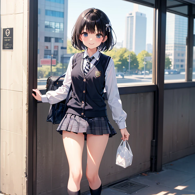 masterpiece, highest quality, One Girl, Thighs, beautiful girl, Flowers, たくさんの小さなflowerびら, flower、Small waist, RAWphotograph,Bright lighting、Face Light, Ultra-realistic, High resolution, photograph, Sharp focus, Highly detailed eyes and face,Symmetrical face, whole body、Large Breasts、Long Hair、チラリと見えるThighs、Emphasized cleavage、Her hair was tied with a big red ribbon.、White high heels、White short sleeve shirt、Brown leather vest、Dark brown flared hibuya、In front of the telephone booth、walk