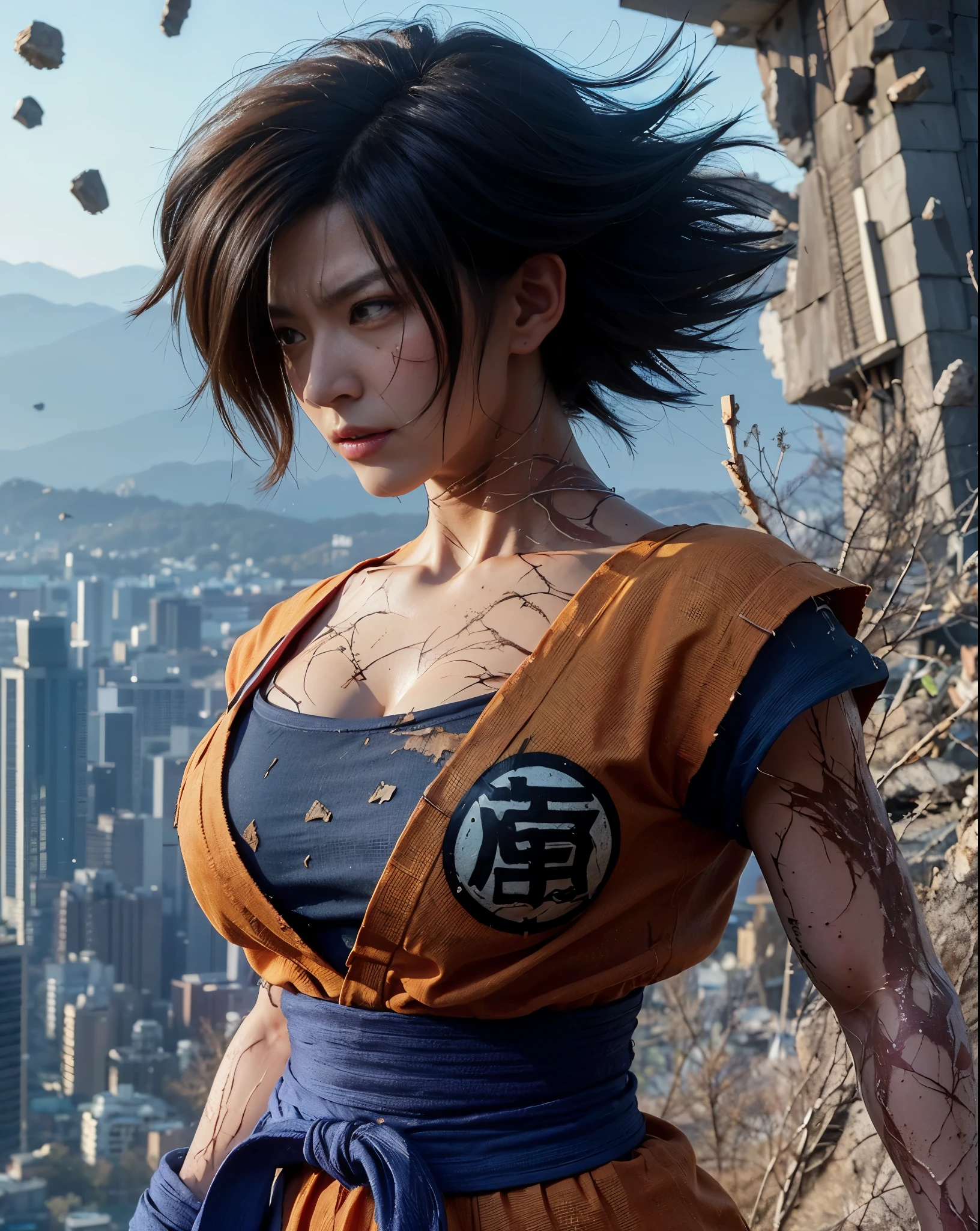 8k, Photorealistic、Realistic skin texture、Pore expression、Beautiful Japanese Women、A female version of Son Goku from Dragon Ball、whole body、Kamehameha 、Broken cityscape、Cosplay、live-action version、Deadly Combat、Realistic expression、Covered in scars、Glare